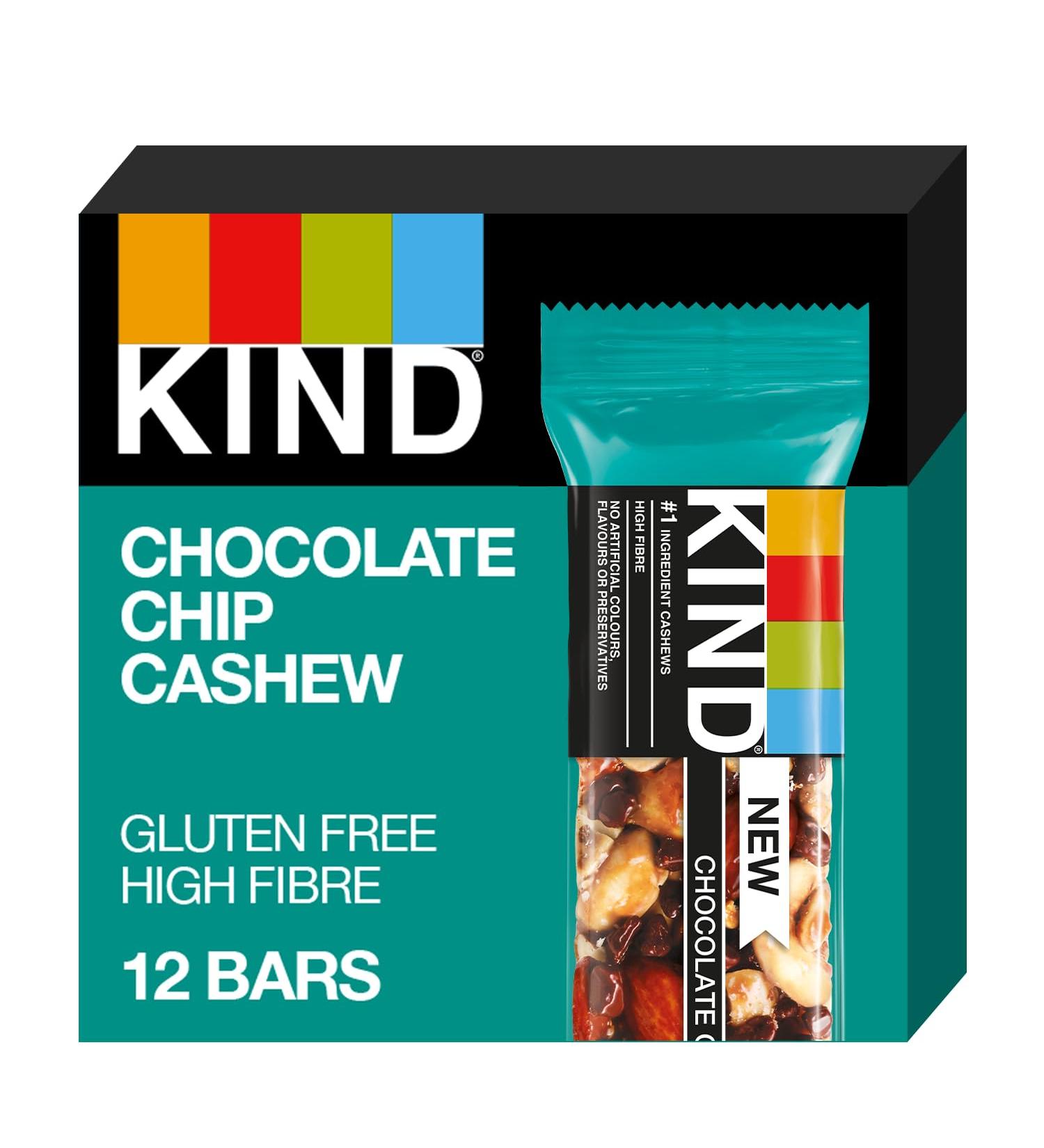 KIND Bars Chocolate Chip Cashew High Fibre Gluten Free Snack Bars - 12 Pack (480g) - Buy Online on GoSupps.com