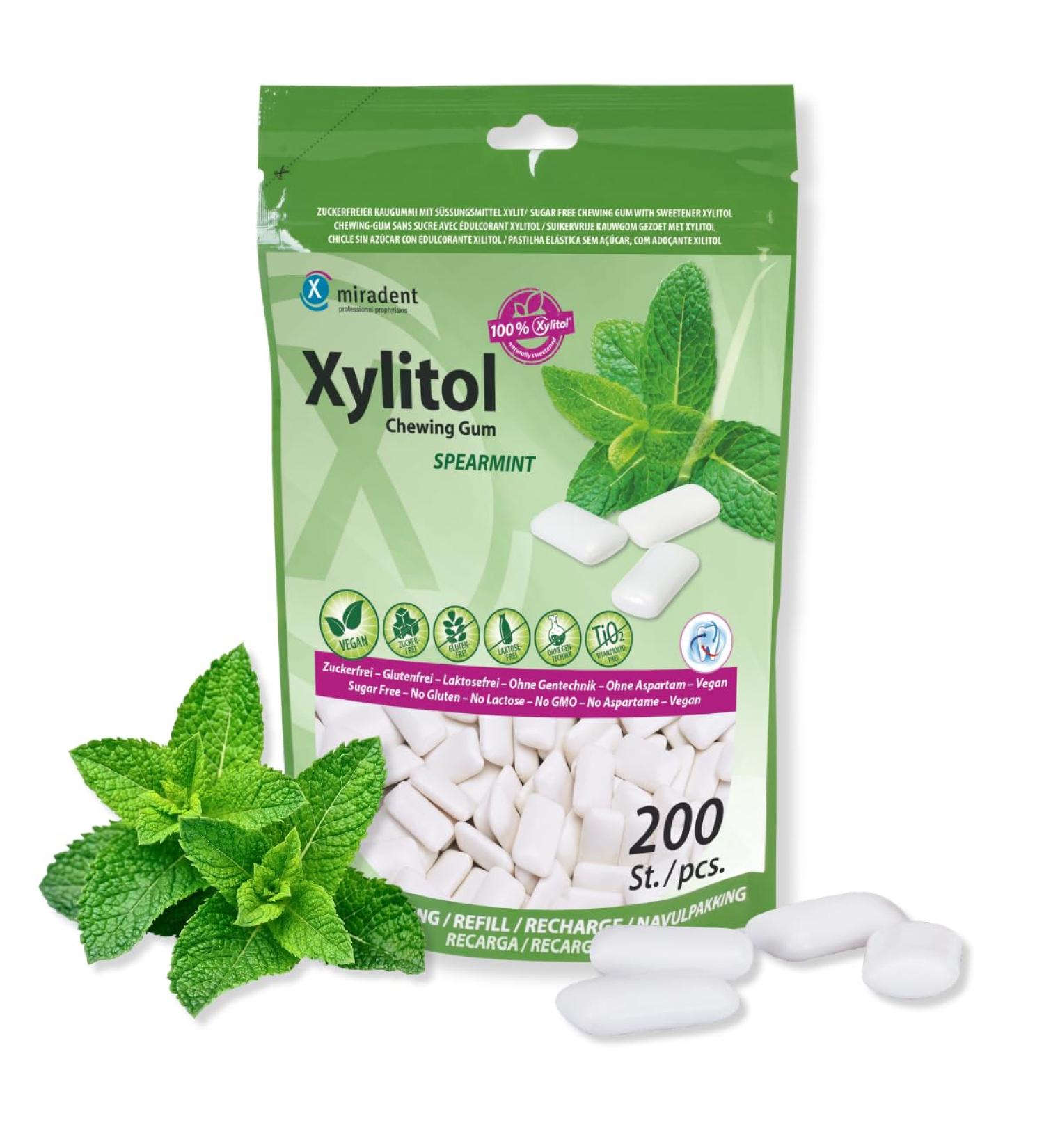 miradent Chewing-gum dentaire au xylitol Pack conomique 200 pcs | go t Spearmint | sans sucre | vegan | pr ventif caries | pratique pour emporter - Buy Online on GoSupps.com