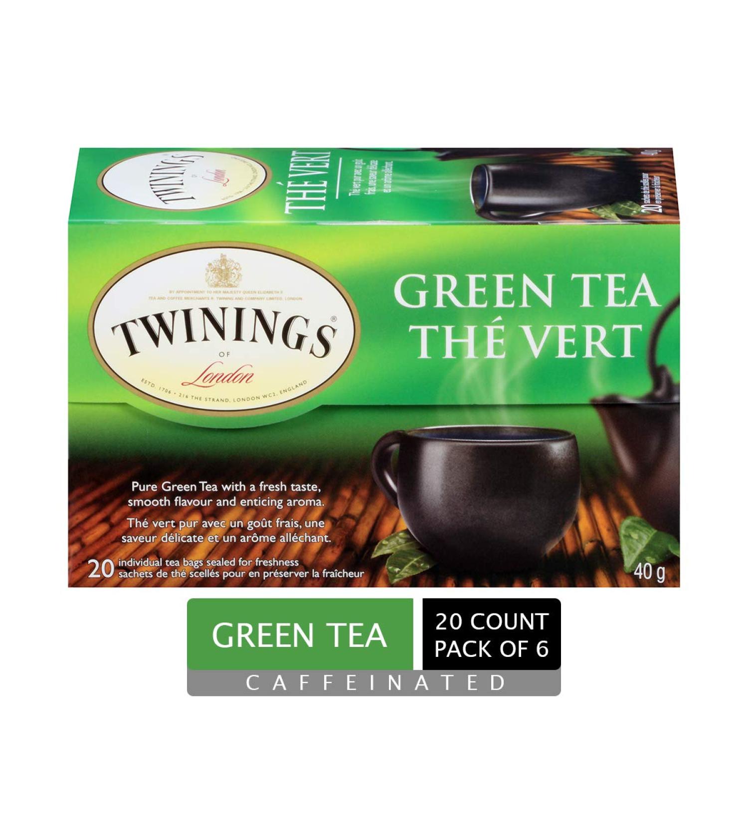 Twinings Pure Green Tea Individually Wrapped Tea Bags | 100% Pure Green Tea Smooth Flavour Enticing Aroma | Caffeinated | 20 Count (Pack of 6) | Enjoy Hot or Iced Pure Green Tea 20 Count (Pack of 6) - Buy Online on GoSupps.com