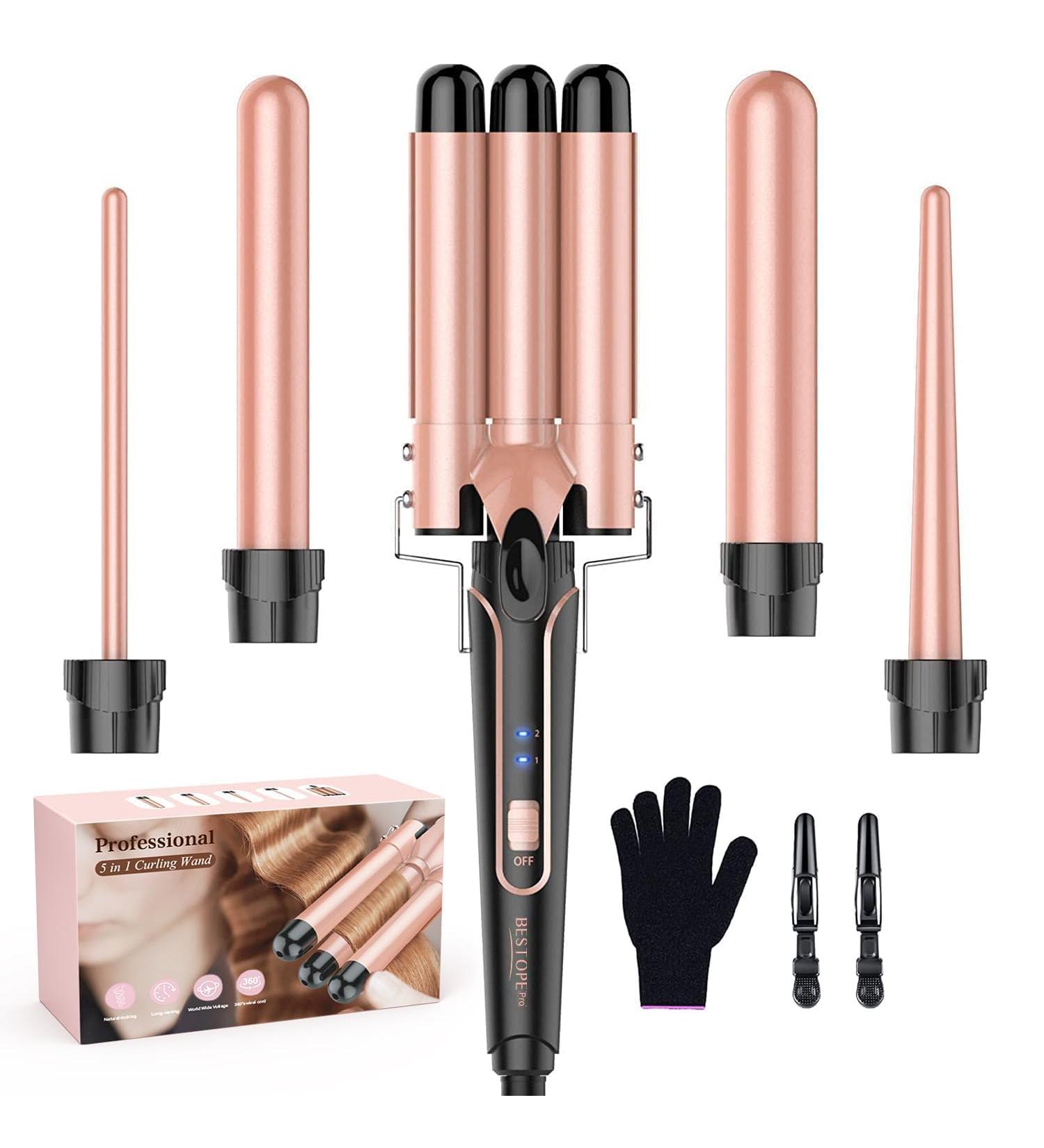 BESTOPE PRO Curling iron curling iron 3 sheets 5in1 curling iron set 3 barrels for large waves temperature setting quick heating and a glove 2 clips rose gold - Buy Online on GoSupps.com