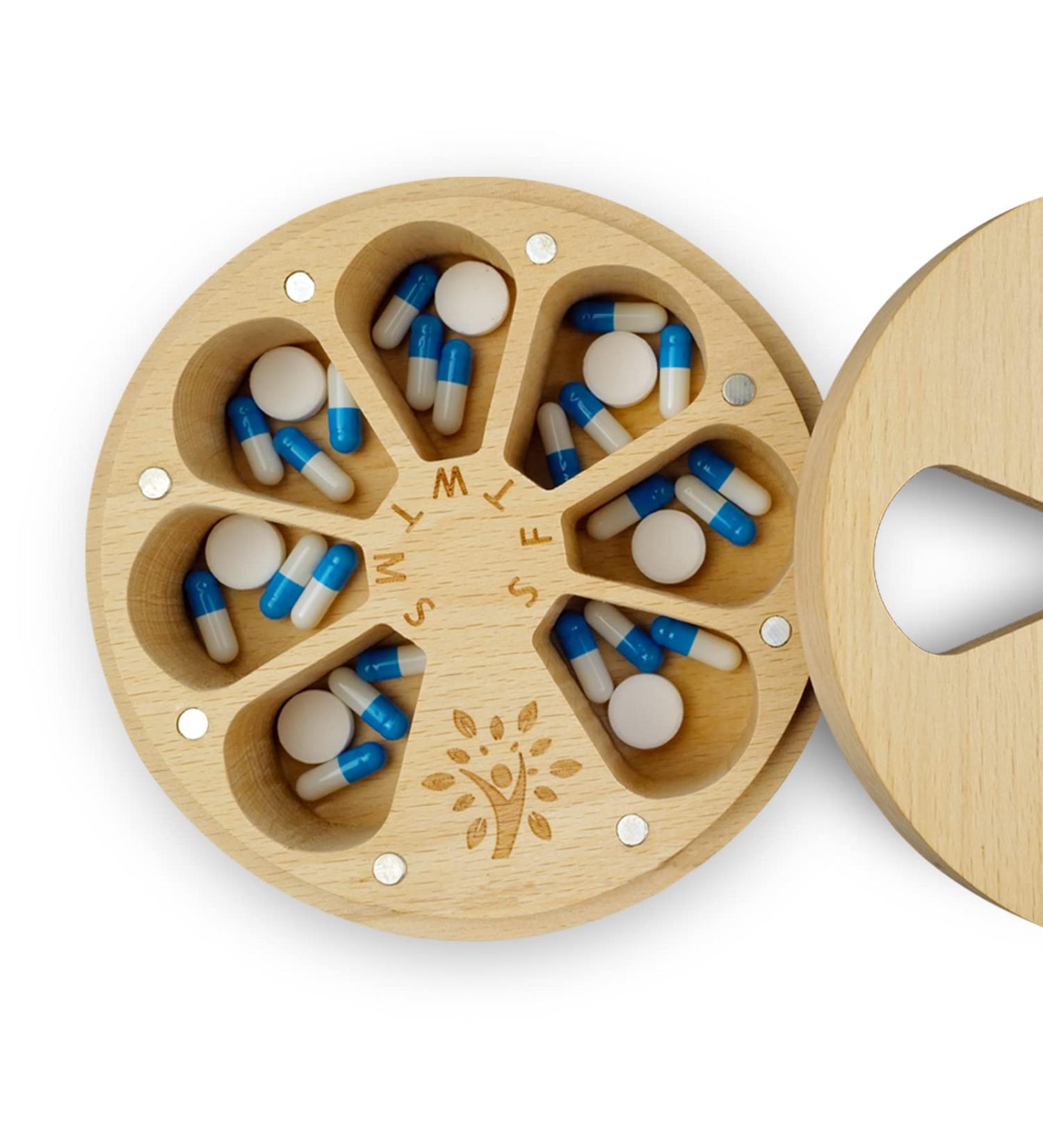 Wood Weekly Pill Organizer - Arthritis Friendly 7-Day Travel Case with Velvet Bag | Medium Compartments for Medicine & Vitamins - Buy Online on GoSupps.com