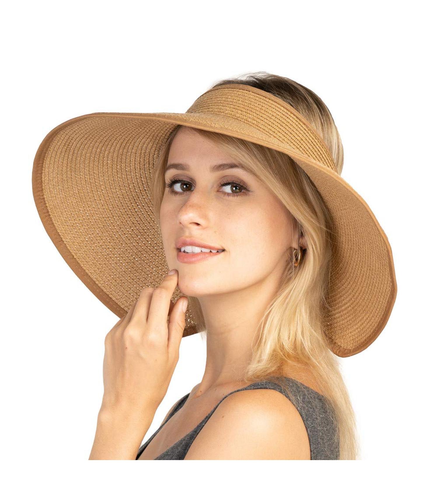 Women's Foldable Straw Sun Visor Hat - Adjustable Wide Brim Beach Cap in Khaki - Buy Online on GoSupps.com