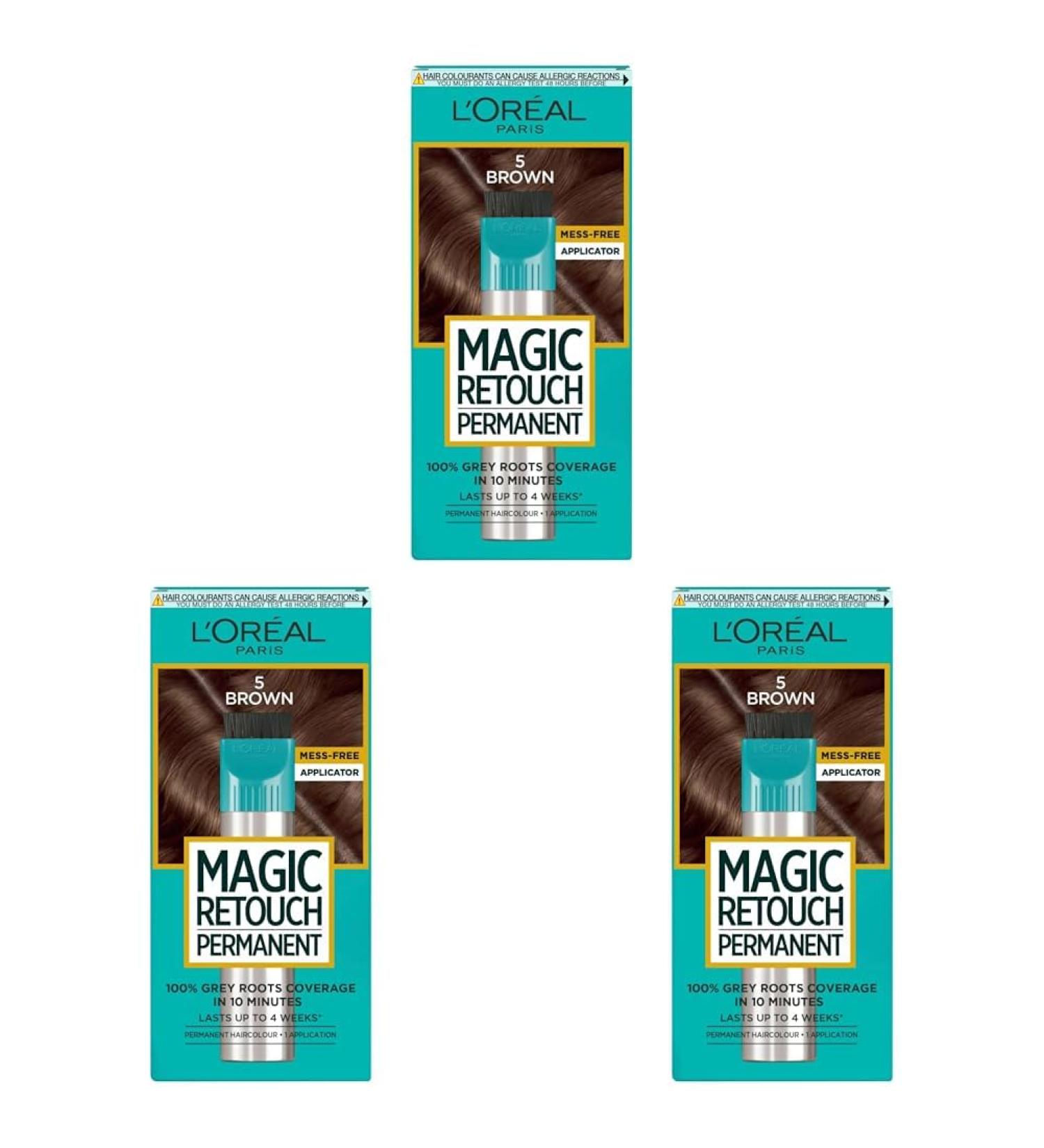 L'Oreal Paris Magic Retouch Permanent Root Concealer Touching Up Grey Hair Dye 5 Brown 1 Count (Pack of 3) MAGIC RETOUCH PERMANENT 5 BROWN 1 Count (Pack of 3)