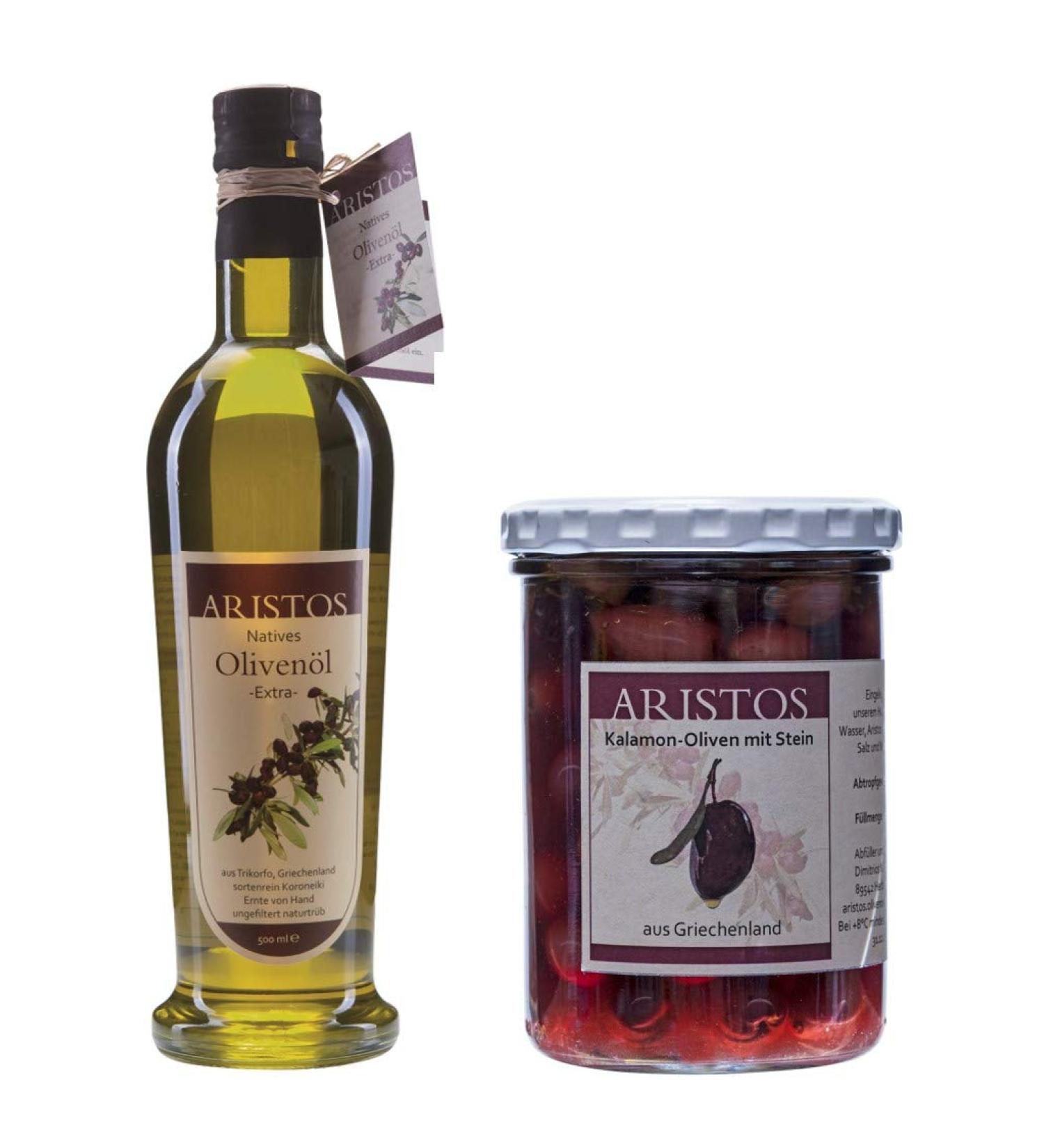  ARISTOS ARISTOS Natives Extra Cold Pressed Olive Oil + Kalamata Olives from our own Greek Culture (1 x 500 ml + 1 x 300 g) - Buy Online on GoSupps.com