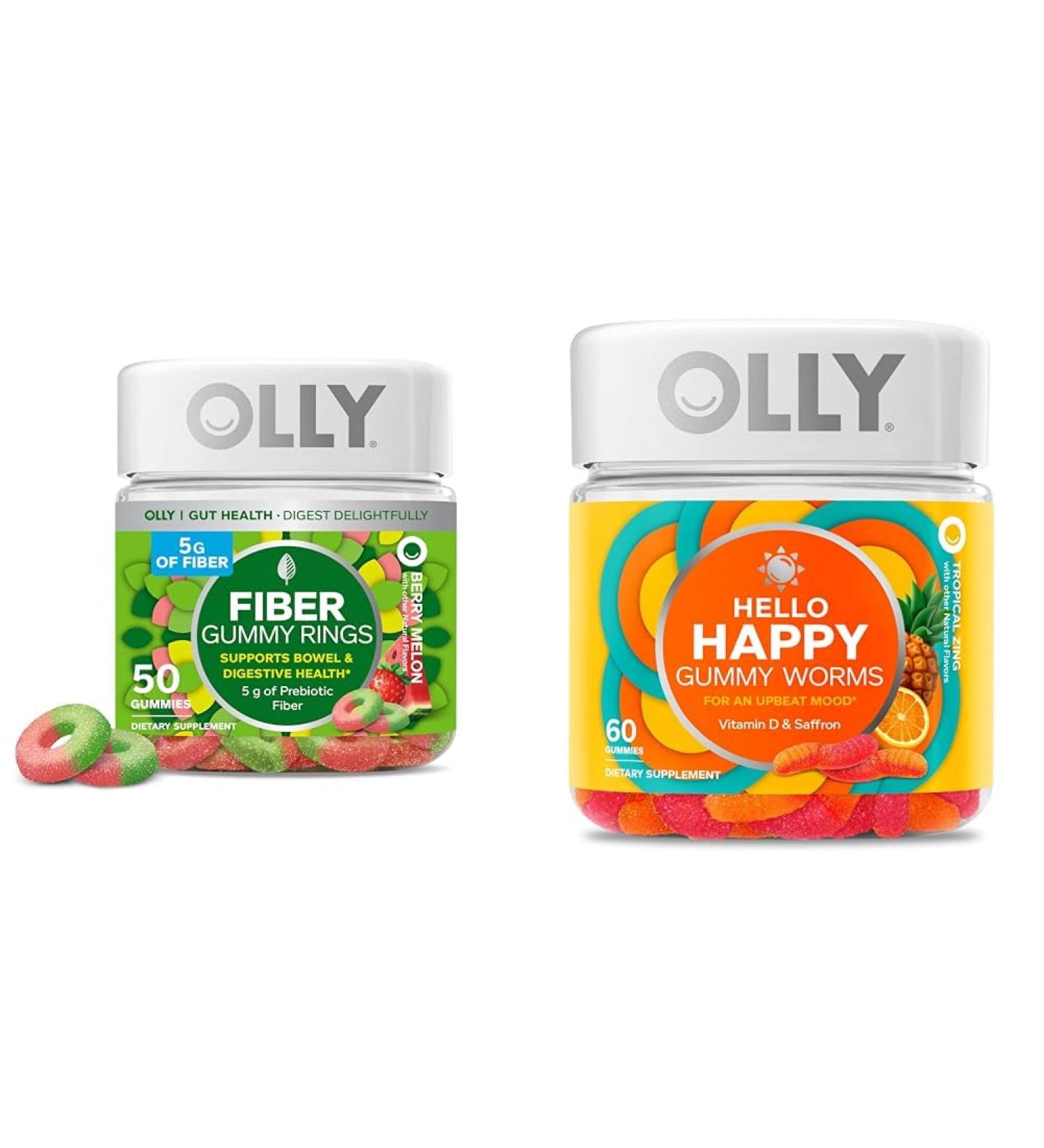 OLLY Fiber Gummy Rings 5g Prebiotic Fiber FOS (Fructo-oligosaccharides) Digestive Support & Hello Happy Gummy Worms Mood Balance Support Vitamin D Saffron Adult Chewable Supplement - Buy Online on GoSupps.com