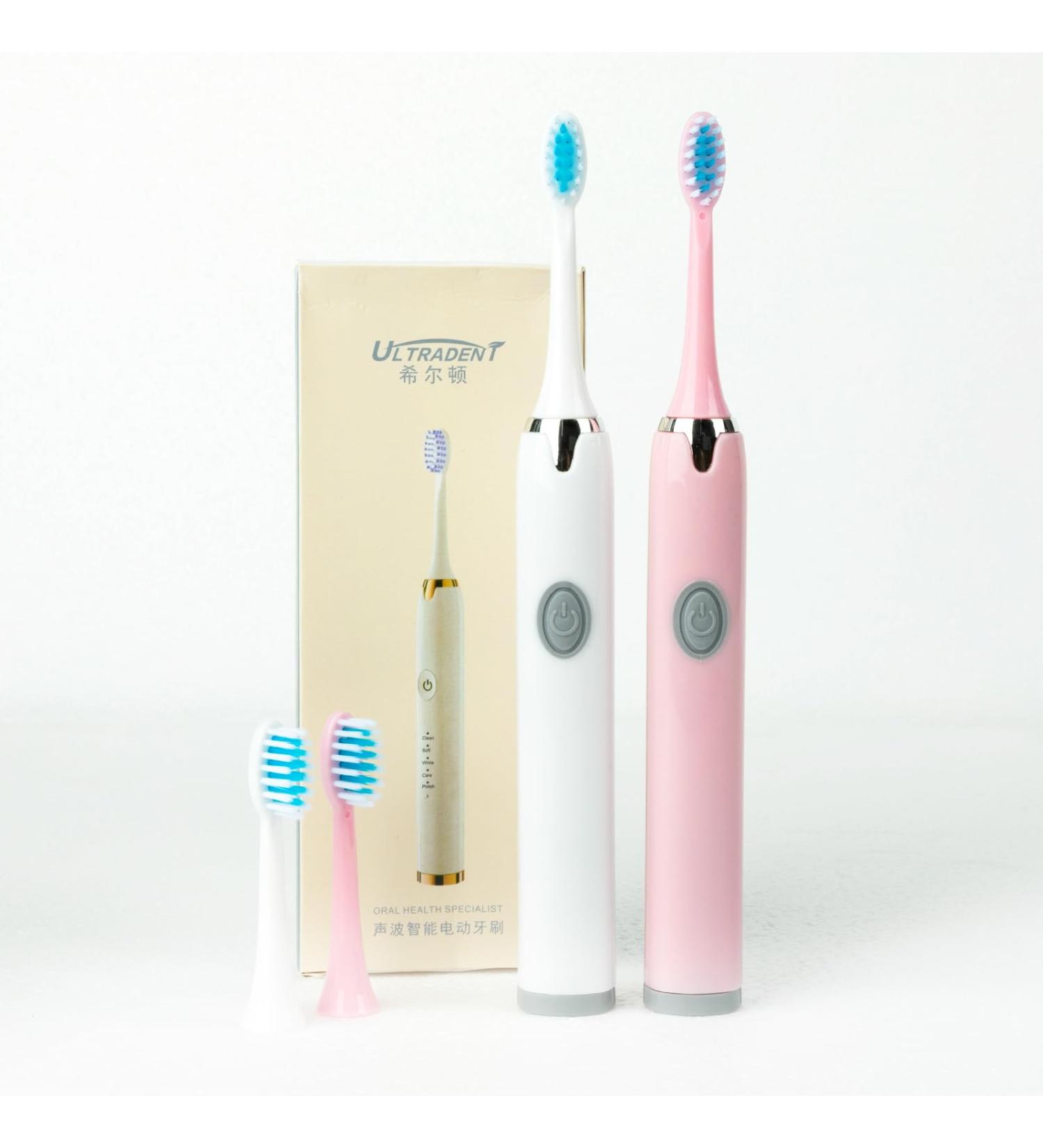 Portable Battery Powered Rechargeable Toothbrush - Teeth Whitening 4 Brush Heads 2 Piece Set (White & Pink) - International Shipping Available - Buy Online on GoSupps.com