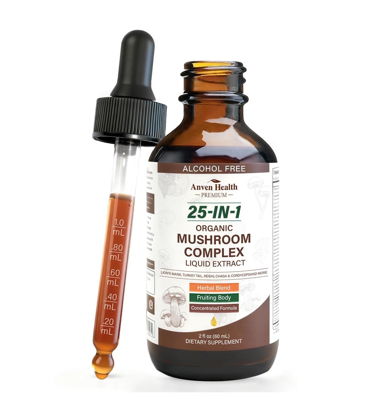 Anven Health 25-in-1 Mushroom Complex Supplement Liquid Drops with Ashwagandha Lion's Mane Reishi Chaga Cordyceps Turkey Tail Tincture for Immunity Energy & Cognition - Non-GMO | 2fl oz - Buy Online on GoSupps.com