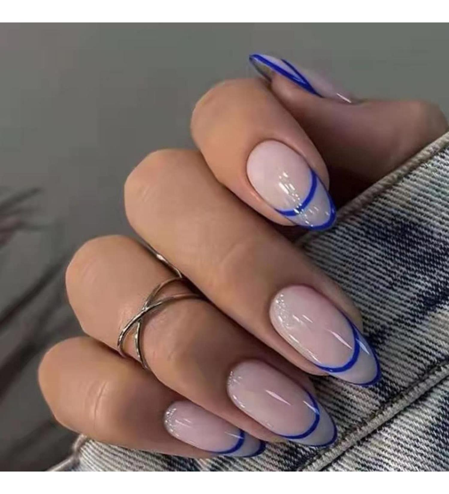 Glossy Almond Press on Nails Blue Line - 24Pcs Medium Oval Geometric French Tips for Women and Girls - Buy Online on GoSupps.com