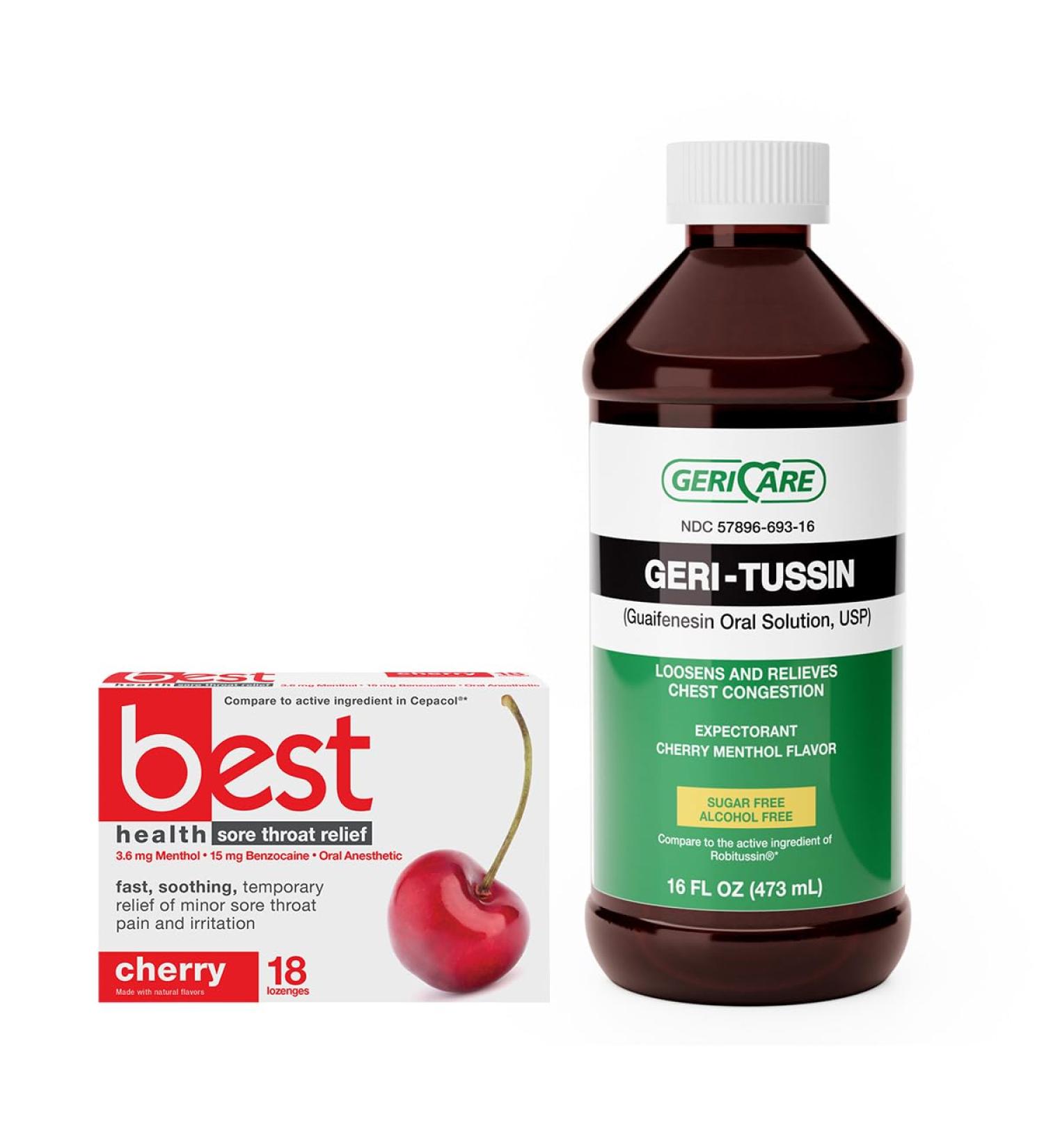 Geri-Tussin Liquid 16 Oz Guaifenesin 100 mg & Sore Throat Relief Lozenges 18 Count Bundle Chest Congestion Expectorant with Benzocaine 15 mg Menthol 3.6 mg Fast Soothing Throat Relief Cold & Flu - Buy Online on GoSupps.com