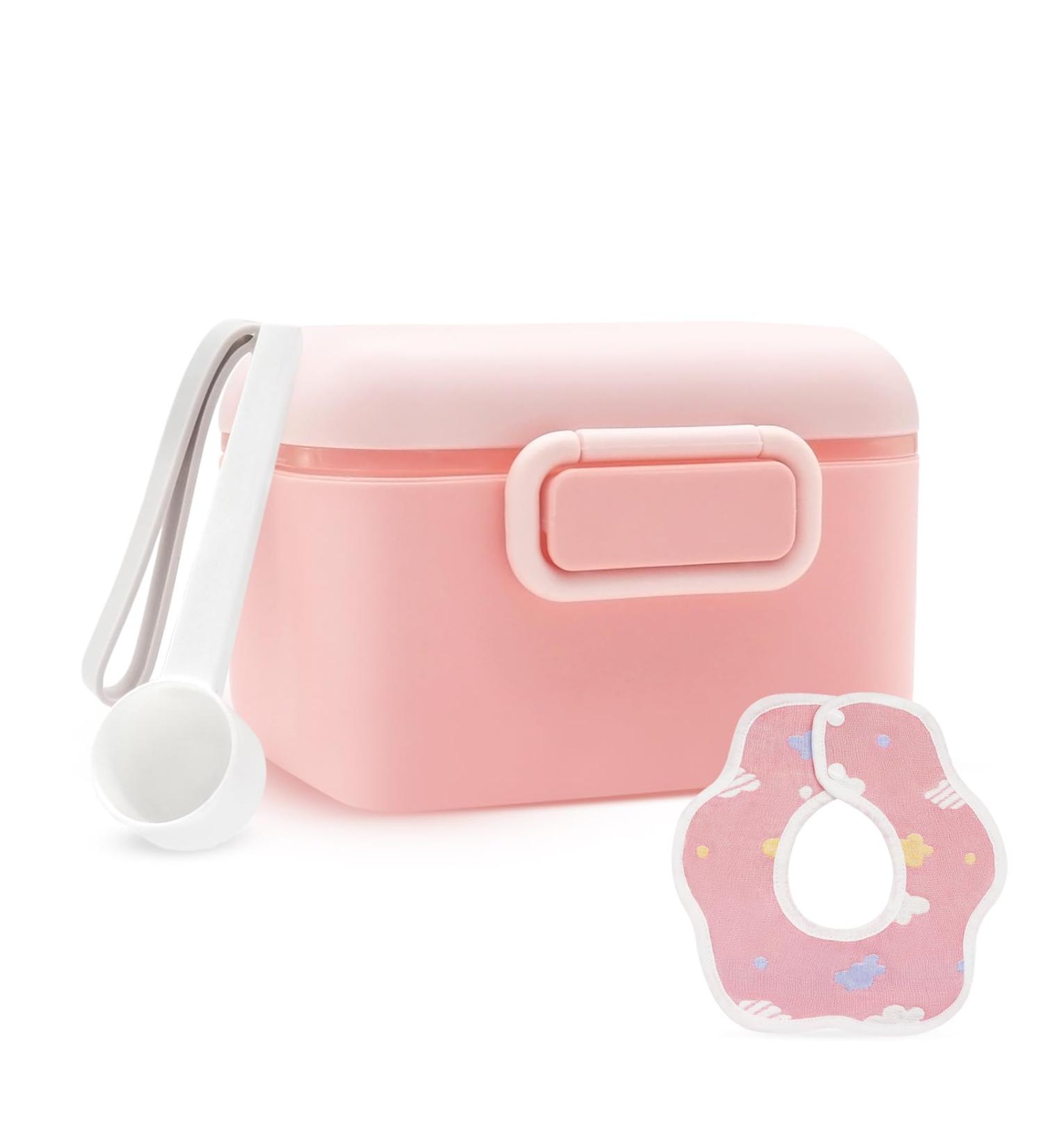 Baby Milk Powder Dispenser with Bib, 400ML Portable Formula Pot for Travel - Pink - Buy Online on GoSupps.com