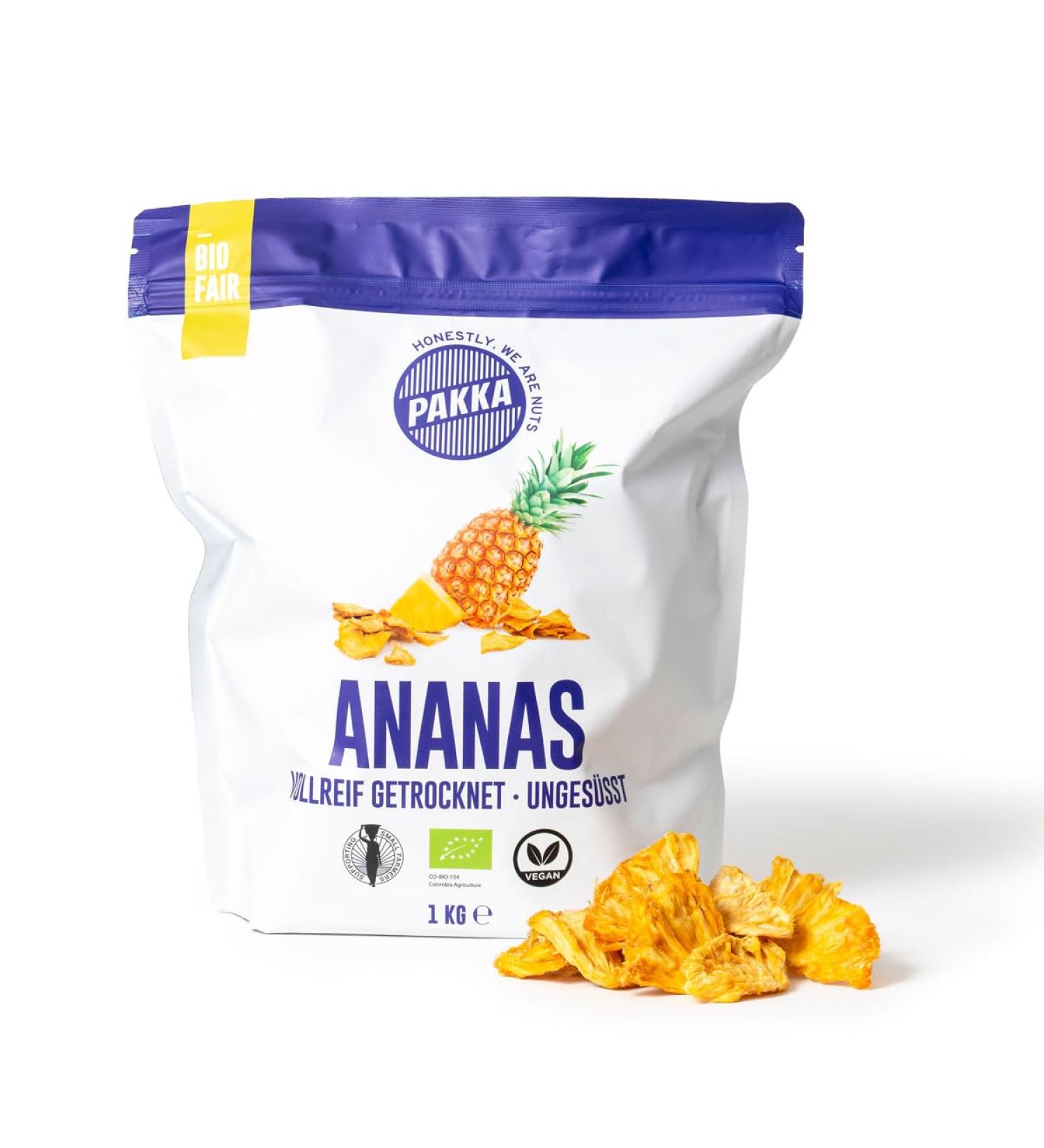 PAKKA Bio Fair Trade Pineapple 1kg Organic & Fair Trade Dried Pineapple Unsweetened Unsulphurated Produced Directly by the Producer in Colombia Vegan 1000g - Buy Online on GoSupps.com