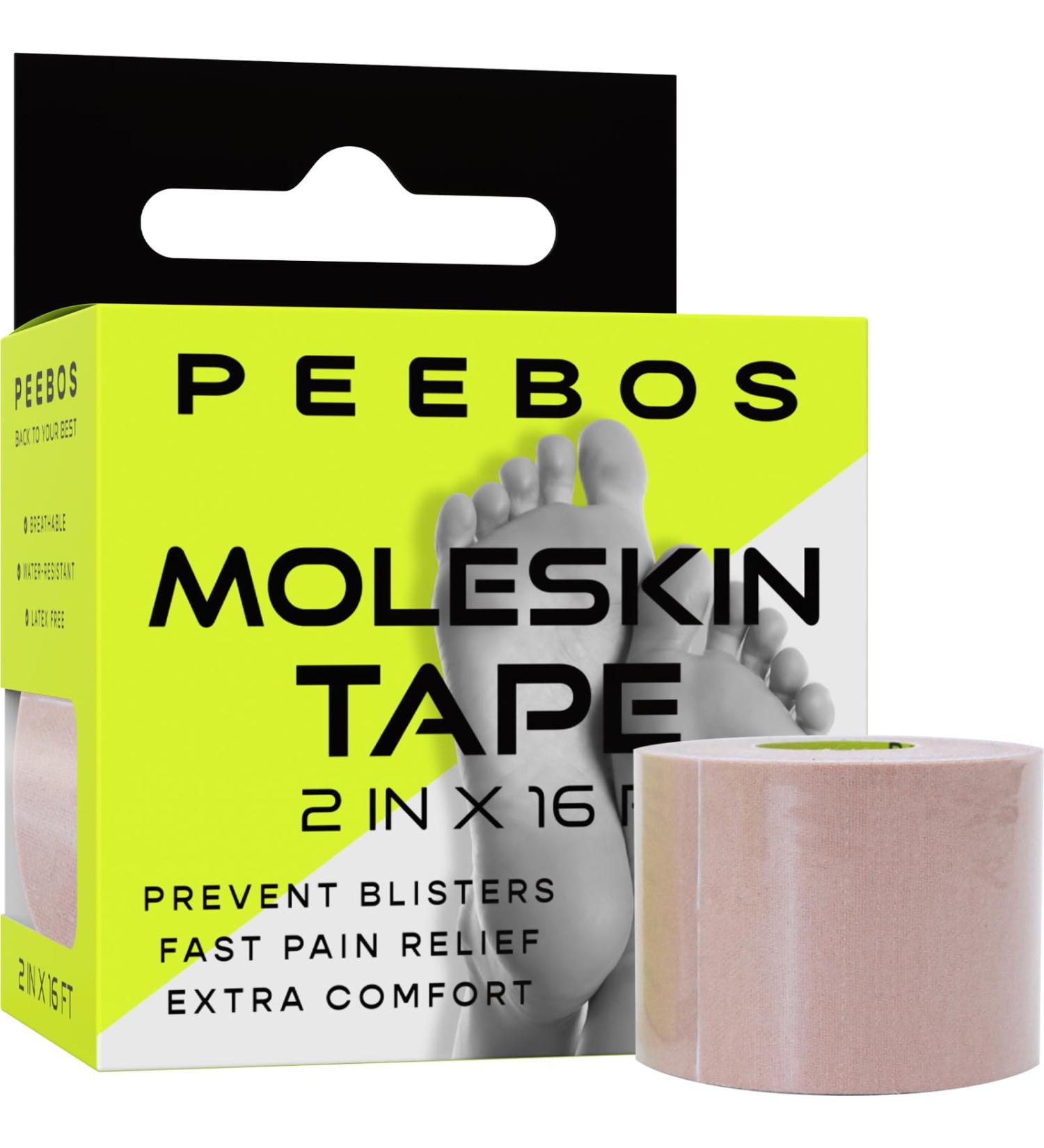 Peebos Moleskin Tape - Blister Prevention & Foot Padding - 2in x 16ft Water Resistant Hypoallergenic Athletic Tape for Running Hiking Walking - Single Roll - Buy Online on GoSupps.com
