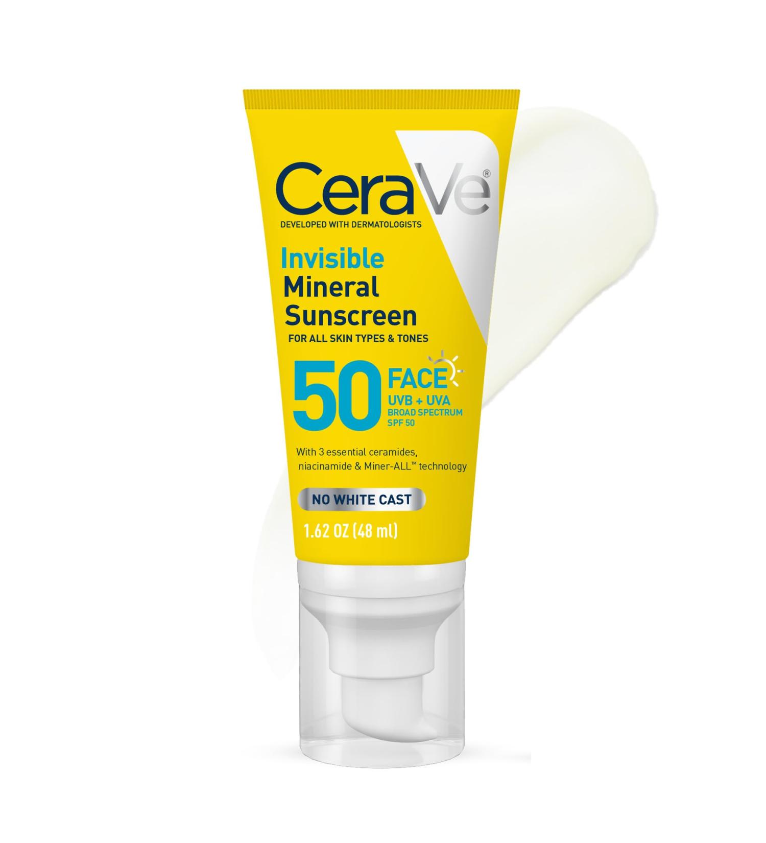 CeraVe Invisible Mineral Sunscreen SPF 50 Face Sunscreen for Sensitive Skin With Zinc Oxide & Titanium Dioxide Vitamin E + Niacinamide + Ceramides Oil Free Travel Size 1.62 oz - Buy Online on GoSupps.com