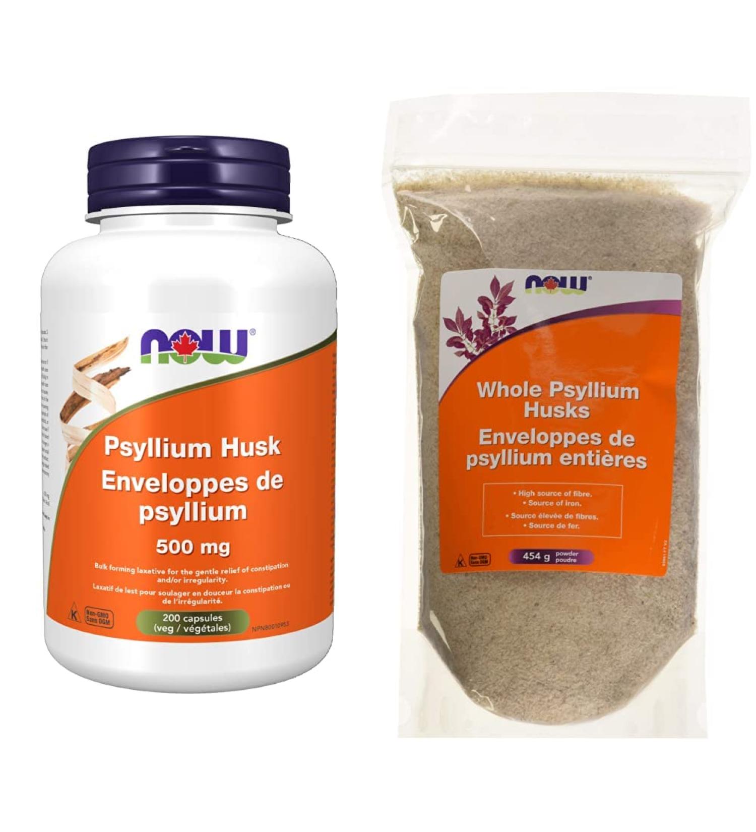 NOW Psyllium Husk Capsules 500mg 200 Count and Psyllium Whole Husks 454g Bundle Husk Capsules + Psyllium Whole Husks - Buy Online on GoSupps.com