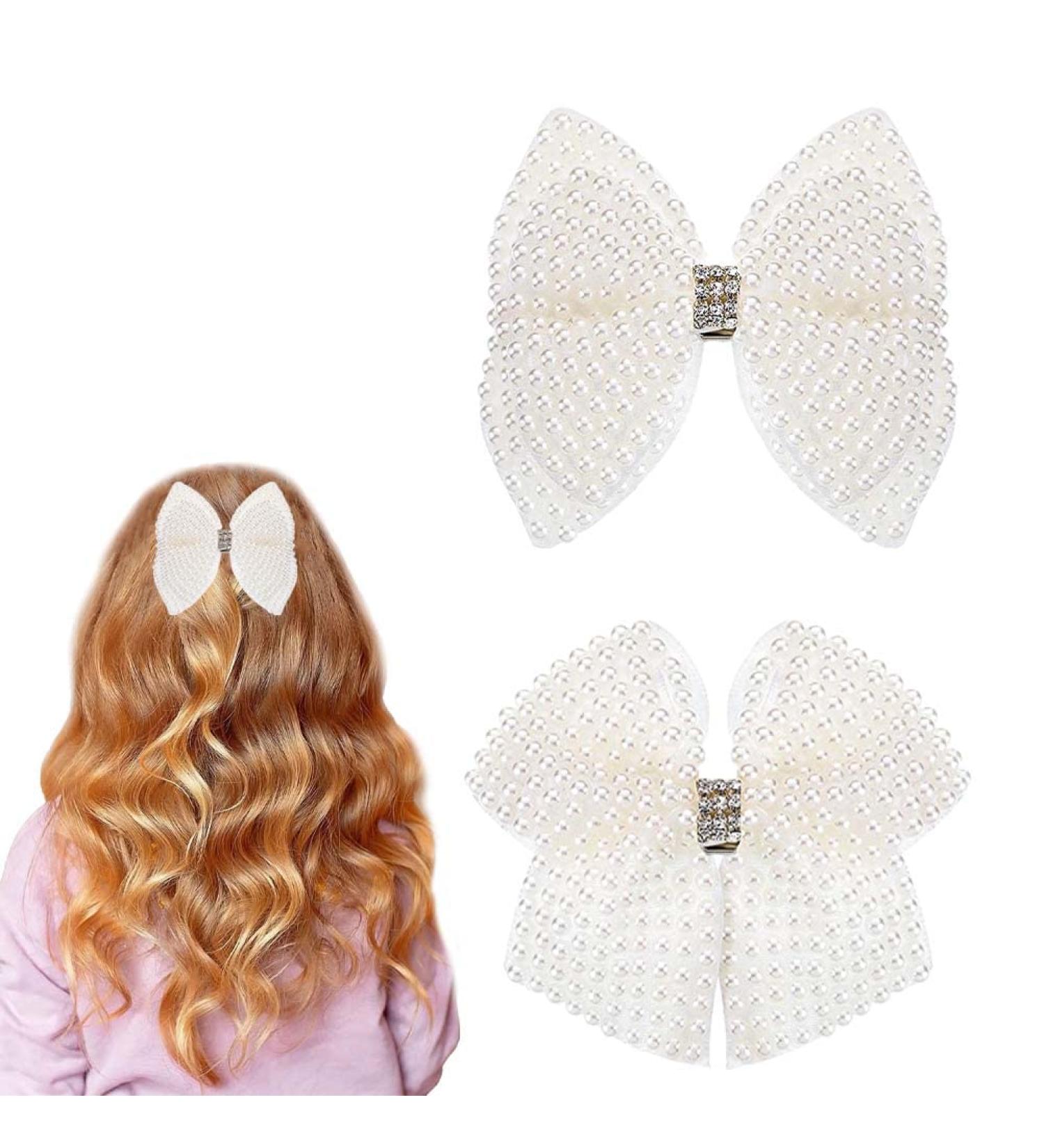 White 2PCS Pearls Hair Bow Clips - Cute Alligator Beads Hairgrip for Girls, Kids, Teens - Buy Online on GoSupps.com