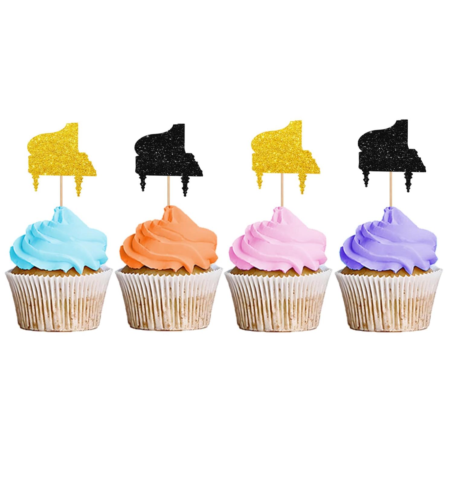 Piano Cupcake Toppers Piano Birthday Cupcake Toppers Music Themed Dessert Picks Musician/The Pianist Birthday Party Decoration - Black & Gold Glitter - Buy Online on GoSupps.com