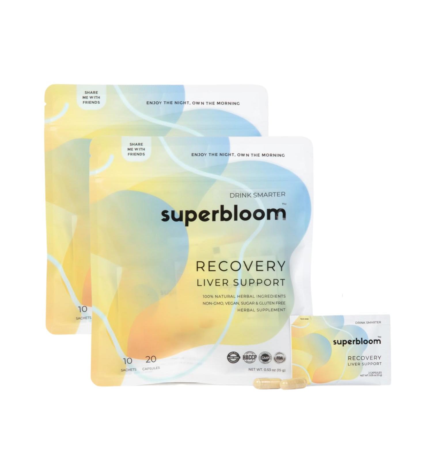 superbloom Recovery Liver Support - 2 Pack | Liver Detox with DHM Turmeric Milk Thistle | 10 Sachets 20 Capsules | Enjoy The Night Own The Morning - Buy Online on GoSupps.com