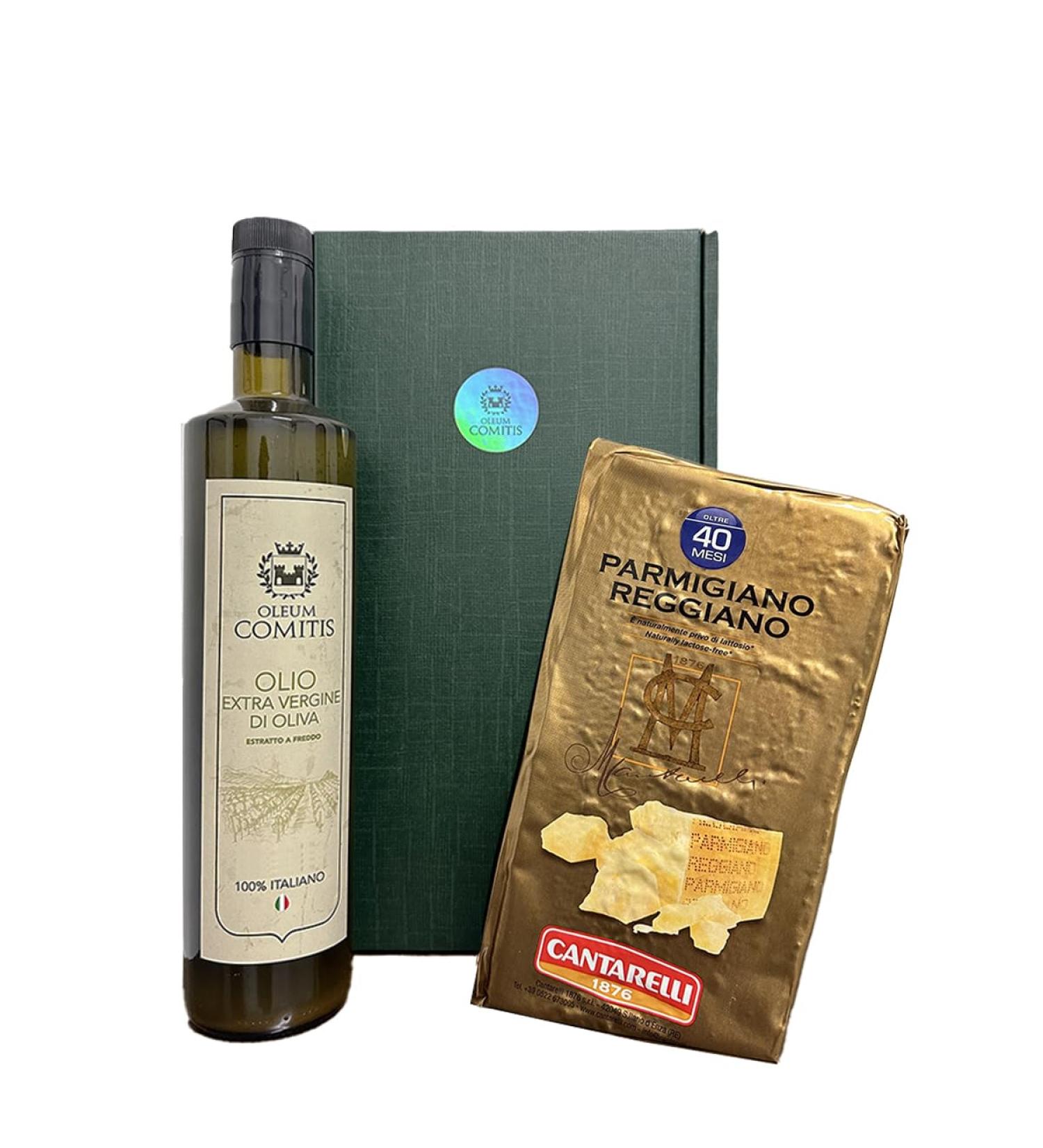 Oleum Comitis - Extra Virgin Olive Oil - 100% Italian Cold Extract - Gift Box with 750 ml Bottle and Parmigiano Reggiano Cantarelli 1876 Seasoned 40 Months 1 kg