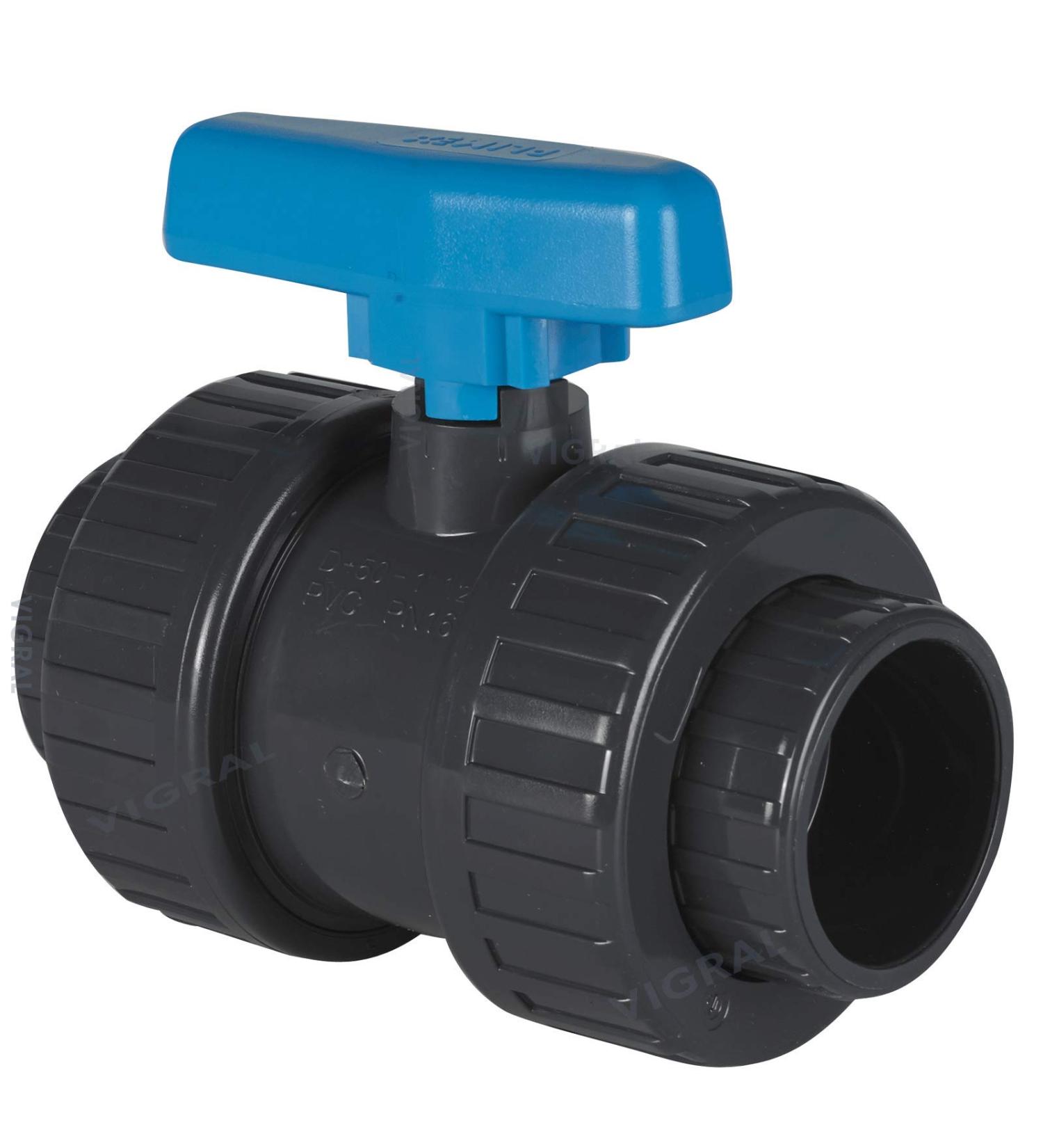 Plimat PVC ball valve adhesive fitting with 2x adhesive sleeve/screw connection 16 bar - grey/blue (50mm)