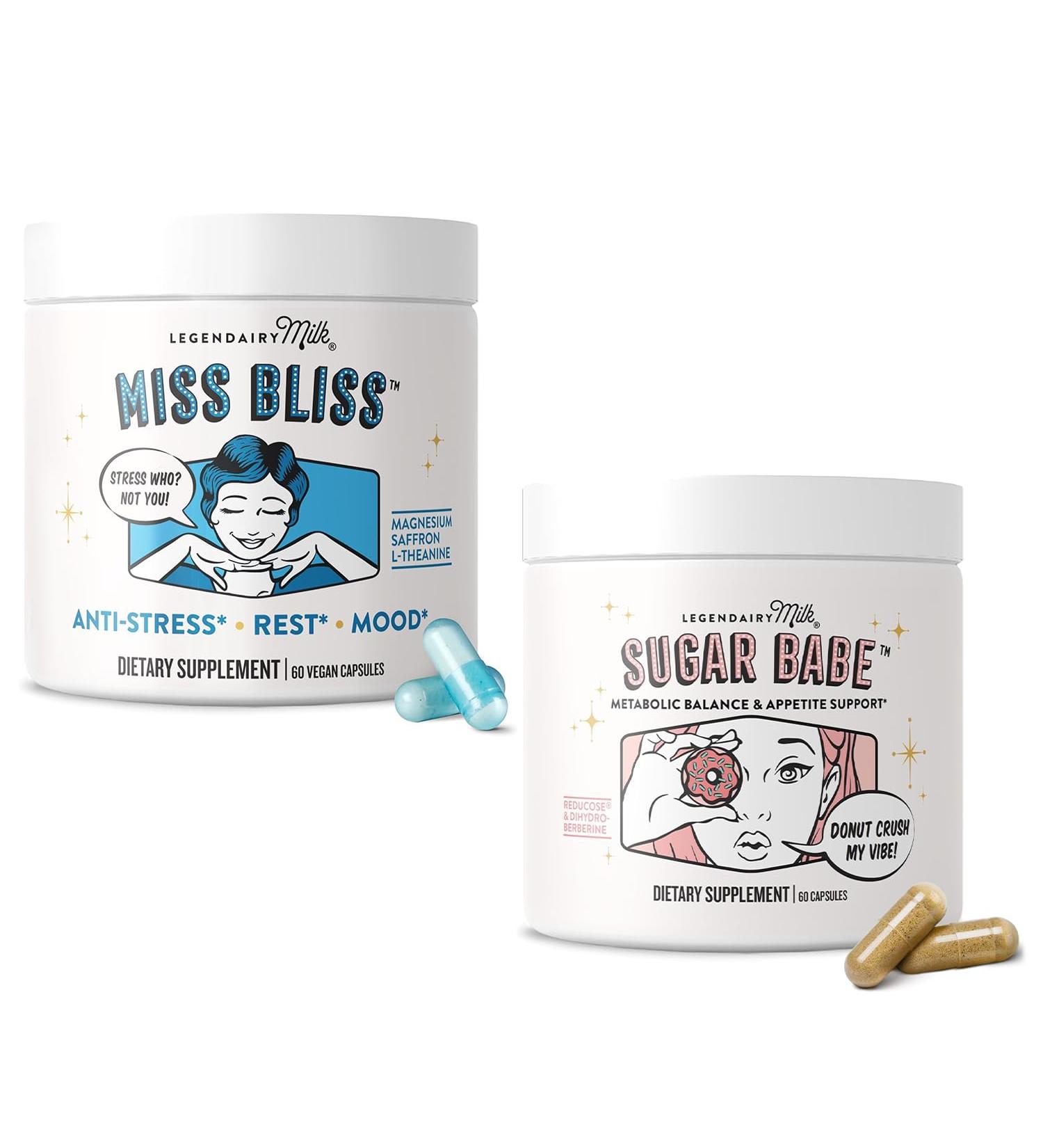 Legendairy Milk Sugar Babe Metabolism and Appetite Support Supplement, 60 Capsules + Miss Bliss Daily Stress Support with Saffron, L-Theanine & Magnesium, 60 Capsules