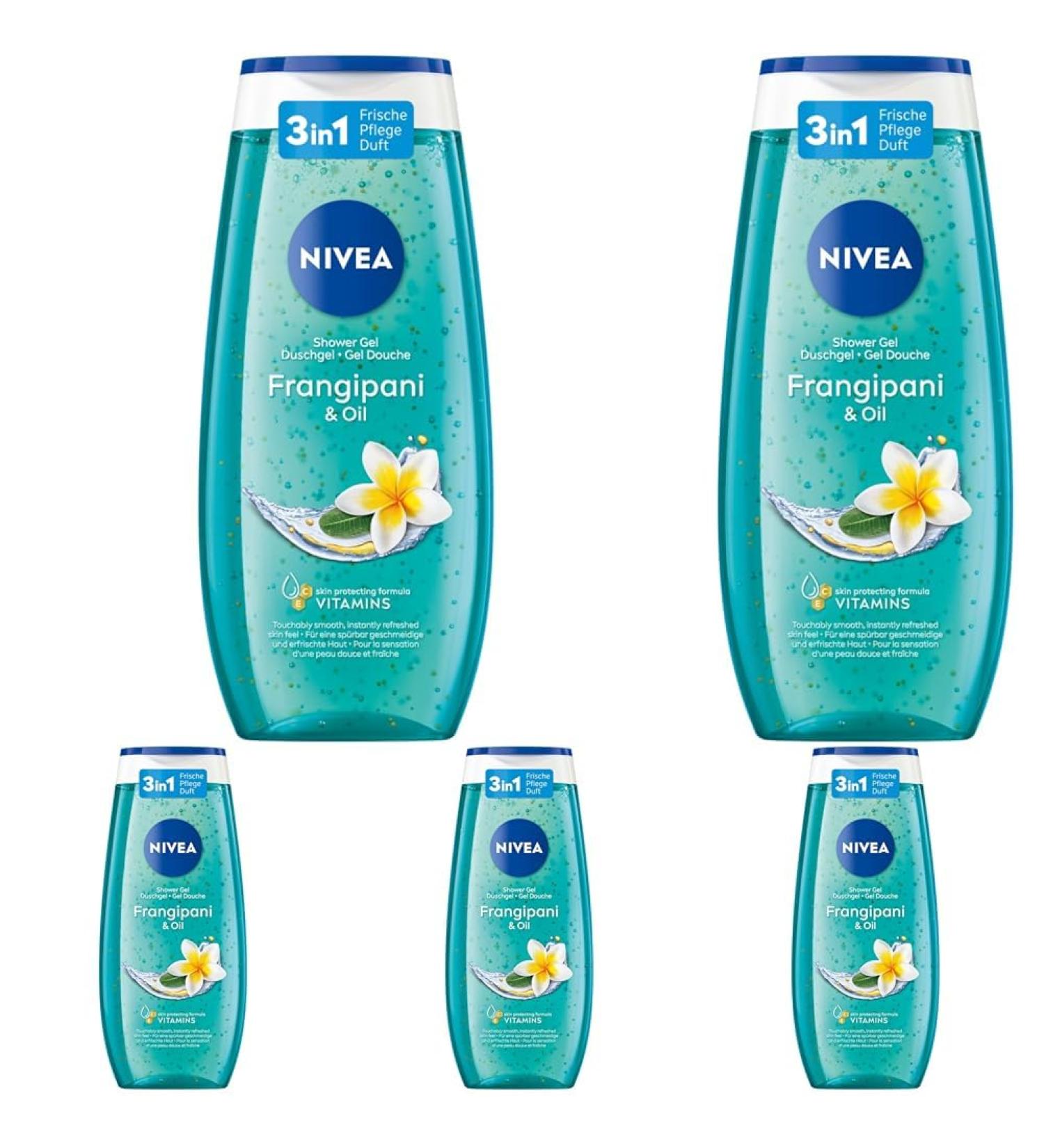 NIVEA Frangipani & Oil shower gel (250 ml) pH -skin -neutral care shower with an invigorating fragrance after frangipanibl te pampering shower with nourishing oil beads (pack of 5) 250 ml (5 Pack) Frangipani & Oil - New version