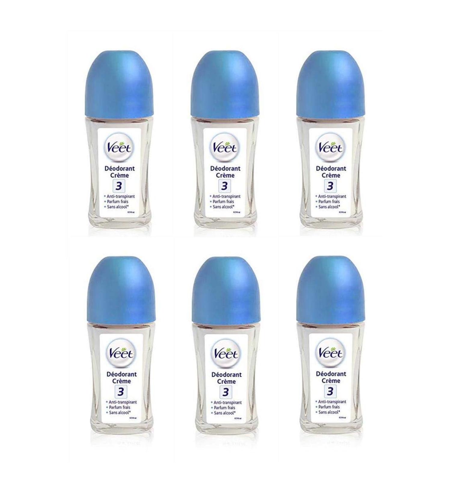 VEET Pack of 6 Anti-Perspiration Roll-On Cream Deodorants - 75ml