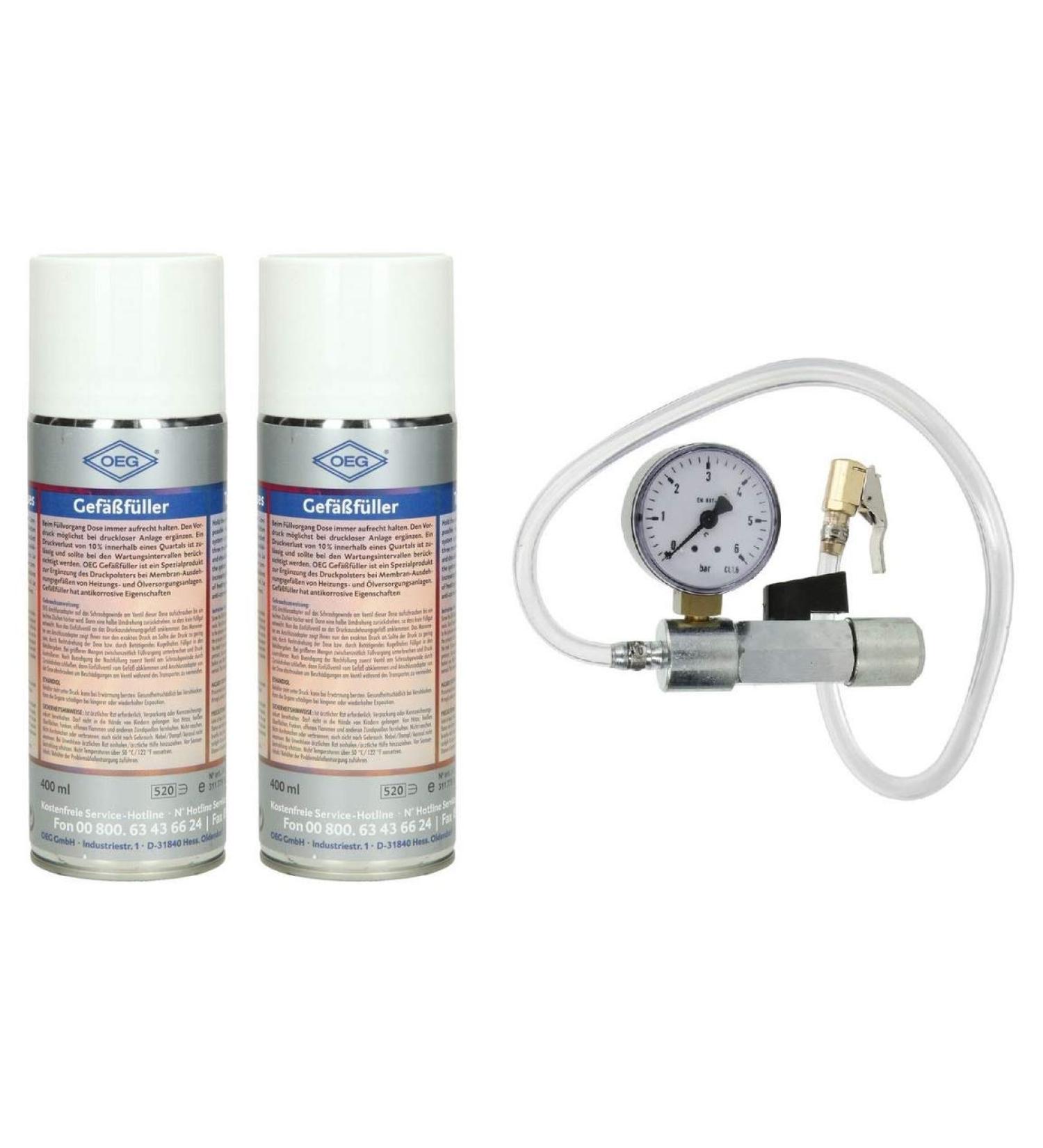 OEG vessel filler SET including adapter with pressure gauge & pre-pressure tester for expansion vessels (2x vessel fillers including adapter)