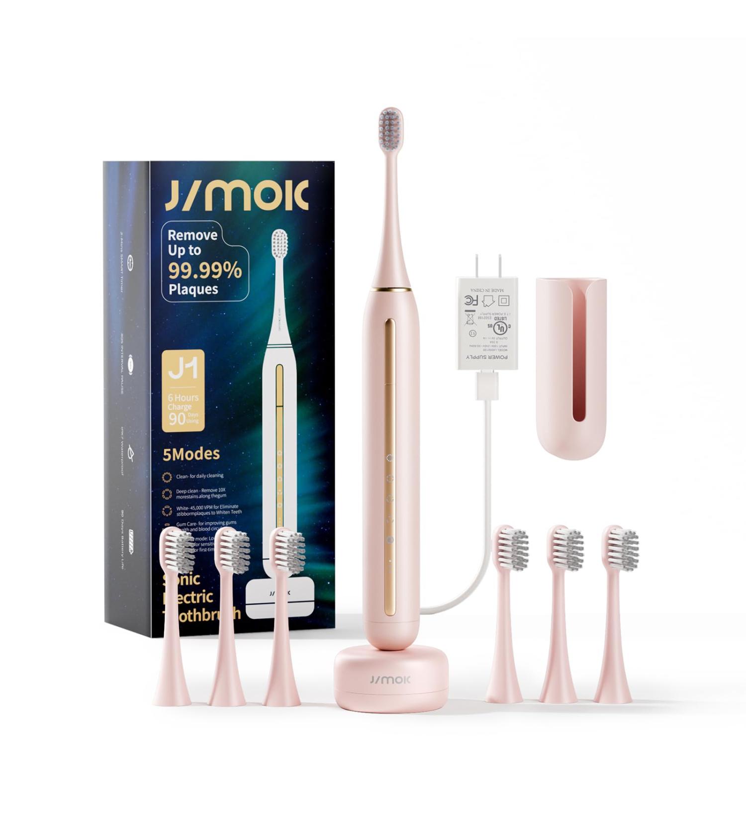 JIMOK Sonic Electric Toothbrush for Adults - Pink 3 Dupont & 3 Toray Brush Heads 90 Days Use 5 Modes Extra Brush & Wall Adapter - Shop Internationally - Buy Online on GoSupps.com