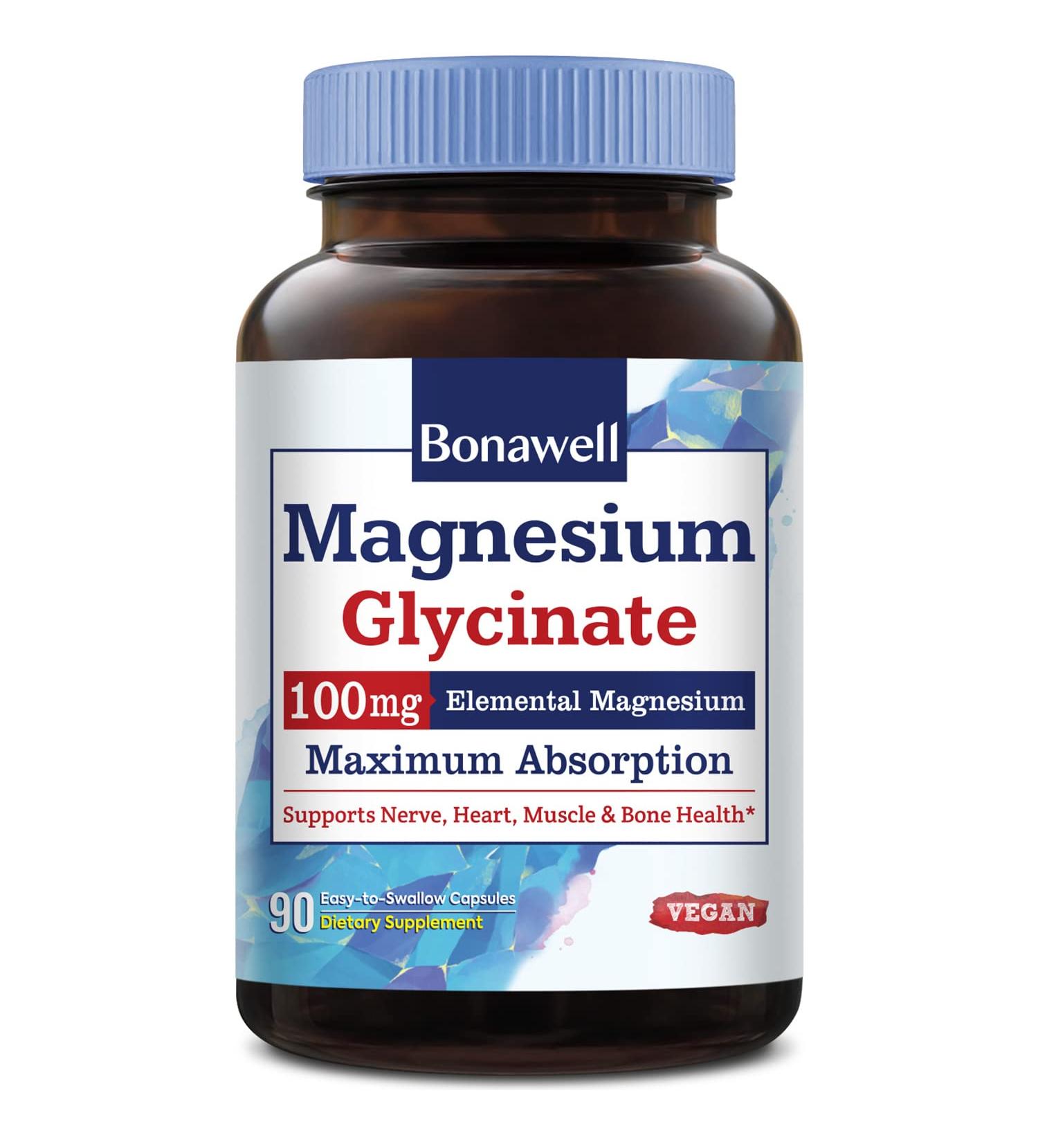 Bonawell Magnesium Glycinate Chelated Supplement - 100mg Elemental Magnesium - Gluten-Free Vegan Capsules for Nerve, Heart, Muscle Health & Relaxation - Buy Online on GoSupps.com