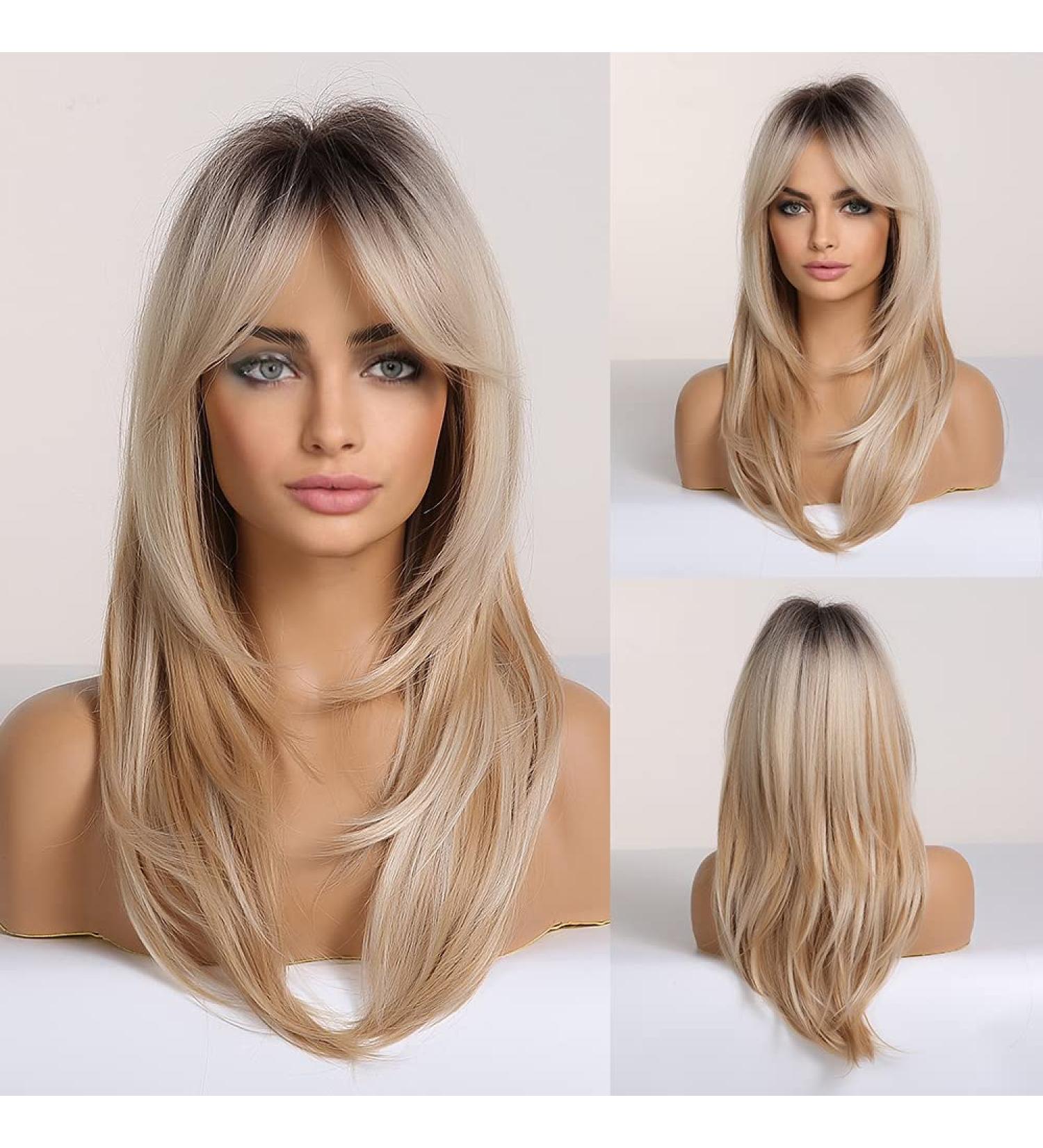 HAIRCUBE Long Blonde Layered Wig with Dark Roots - Synthetic Hair for Daily & Party Wear - Buy Online on GoSupps.com