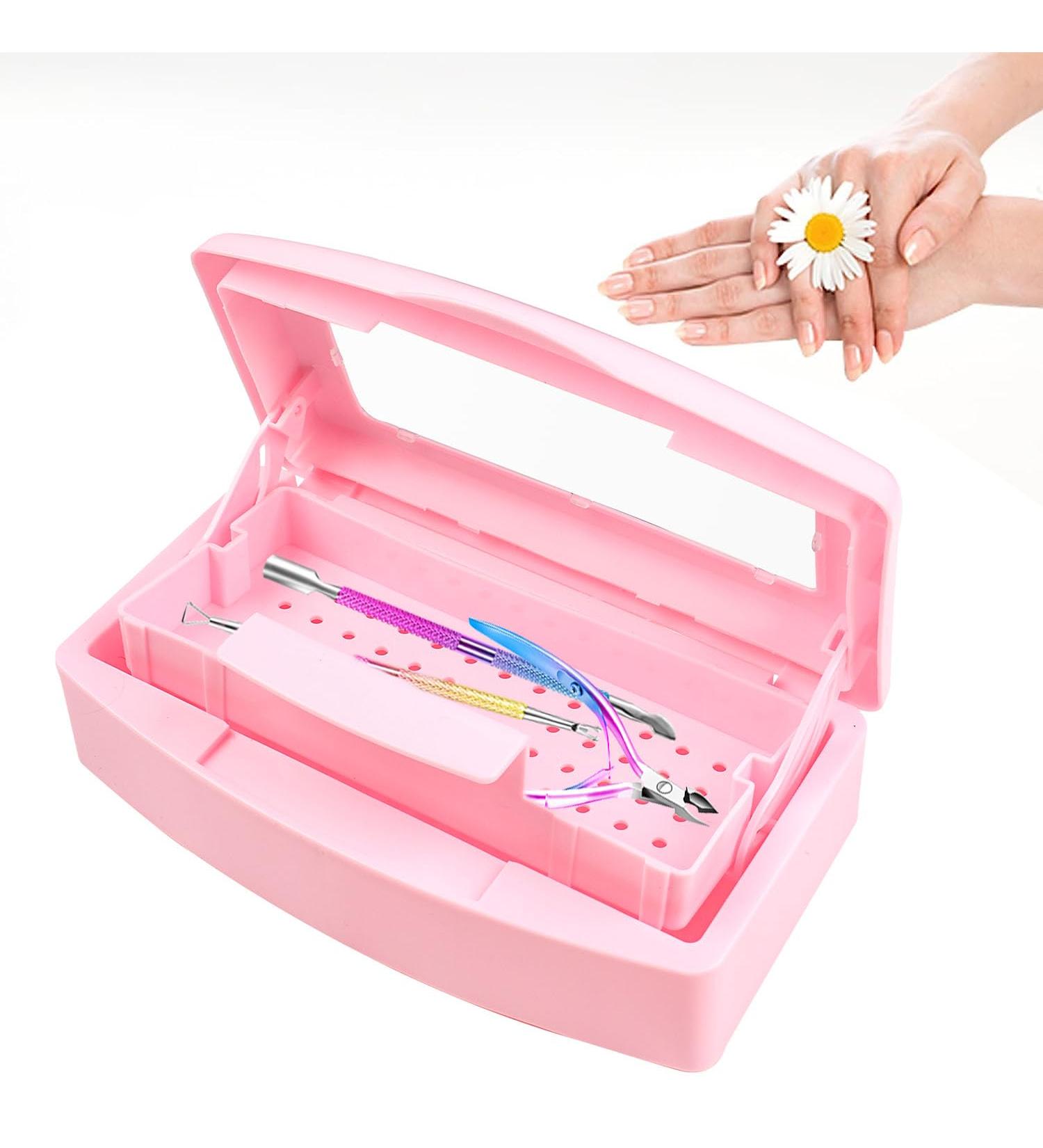 Nail Tool Sterilizer Box | Plastic Sterilizing Tray for Salon & Spa | Organize Nail Tweezers Eyelash Extensions - Pink - Buy Online on GoSupps.com