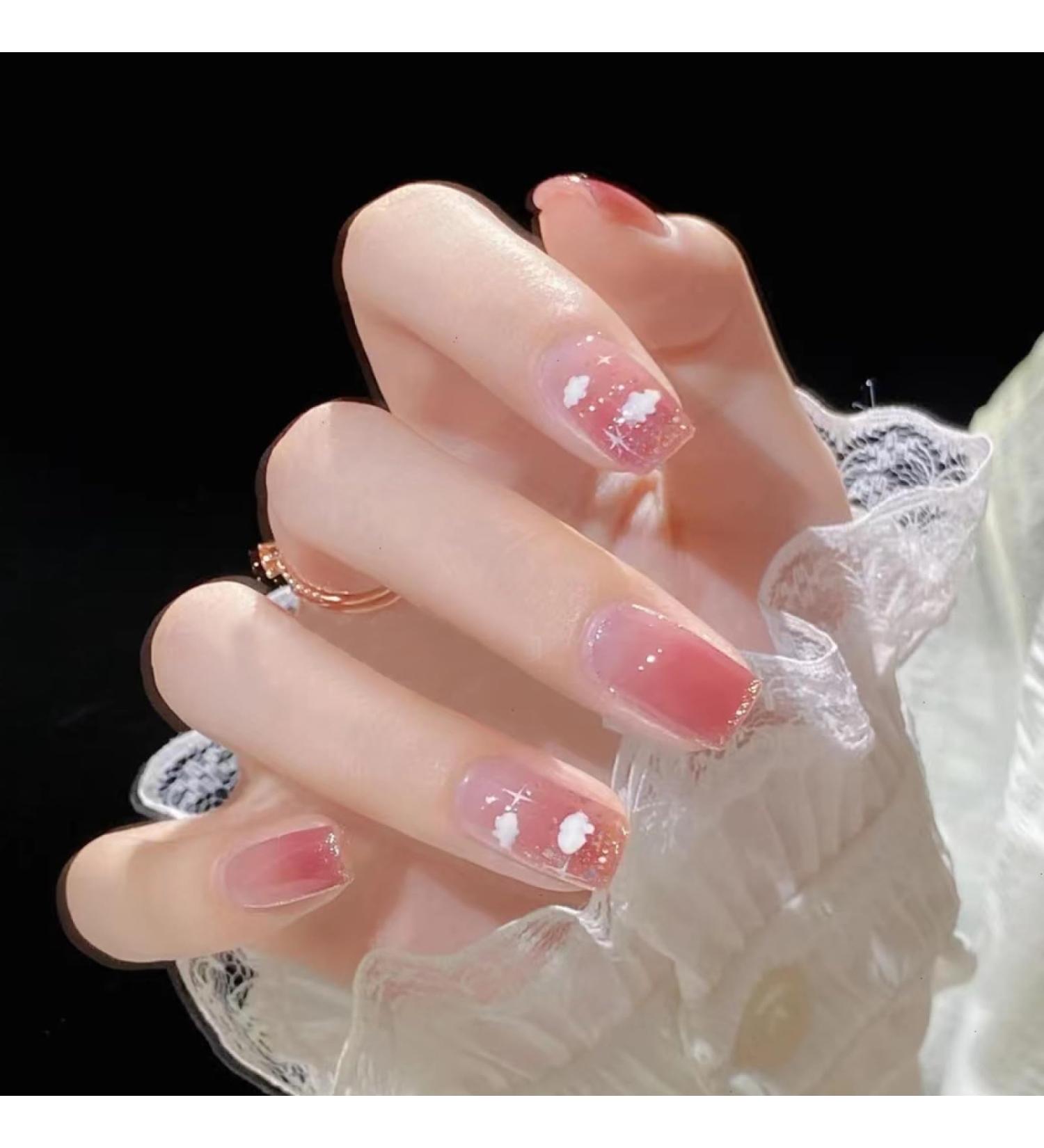 24pcs Milk White Rabbit Fake Nails Kawaii Cute Childlike Nail Art Full Cover Artificial False Nail Ballerina Press On Nails Art DY166