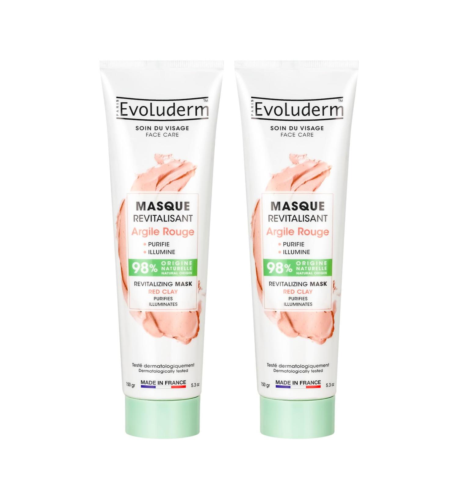 Evoluderm EVOLUDERM - Revitalizing Mask Red Clay - 150ml - 98% Natural Origin - Vegan - Made in France - Pack of 2 x 150ml