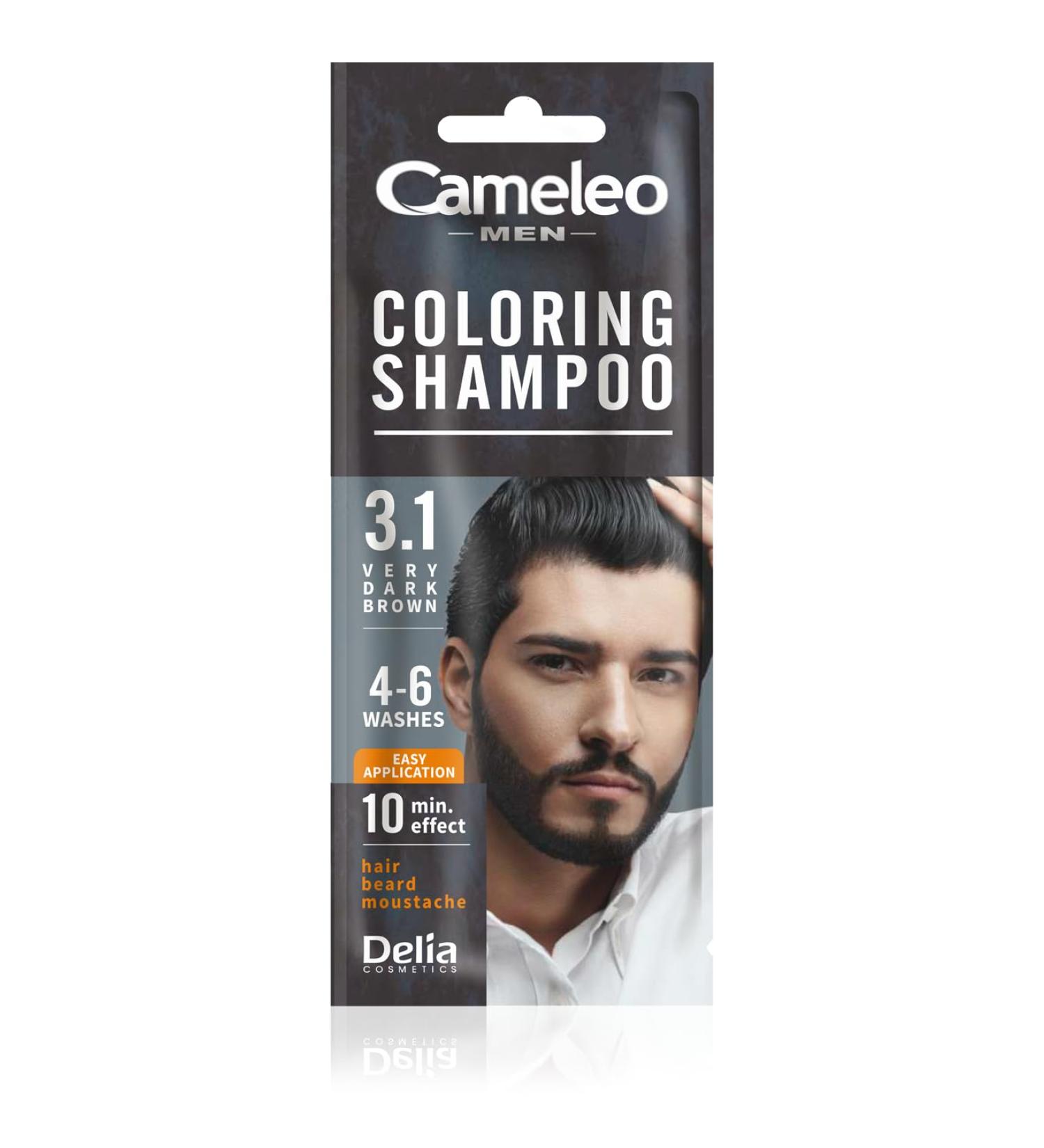 Cameleo Men Coloring Shampoo Very Dark Brown Hair Beard Mustache - Visible Color in 10 Minutes Refreshes - Lasts for 4 to 6 Washes Easy & Quick Application - Walnut Extract 15 ml