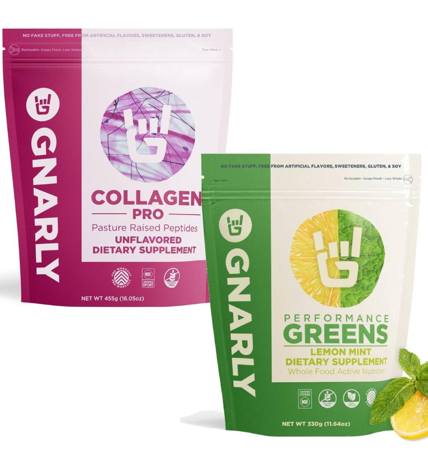 Gnarly Nutrition Collagen Pro Unflavored (15.87oz) and Gnarly Performance Greens Lemon Mint (11.64 oz) - Buy Online on GoSupps.com