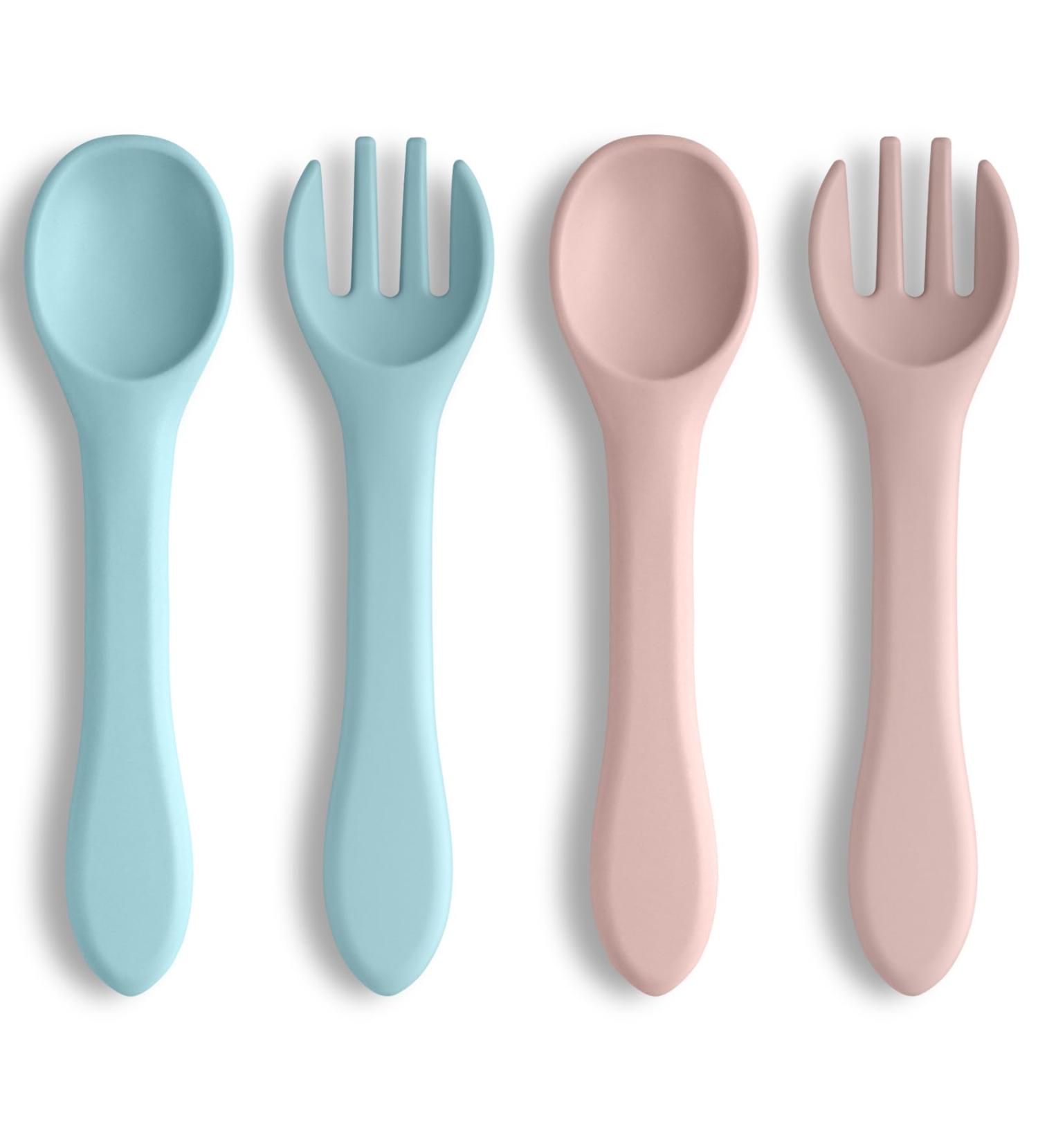 Vicloon Baby Fork and Spoon Set - 4 Pcs Silicone Feeding Training Spoon & Fork for Kids, Toddlers, Children, Infants - Blue/Pink - Buy Online on GoSupps.com