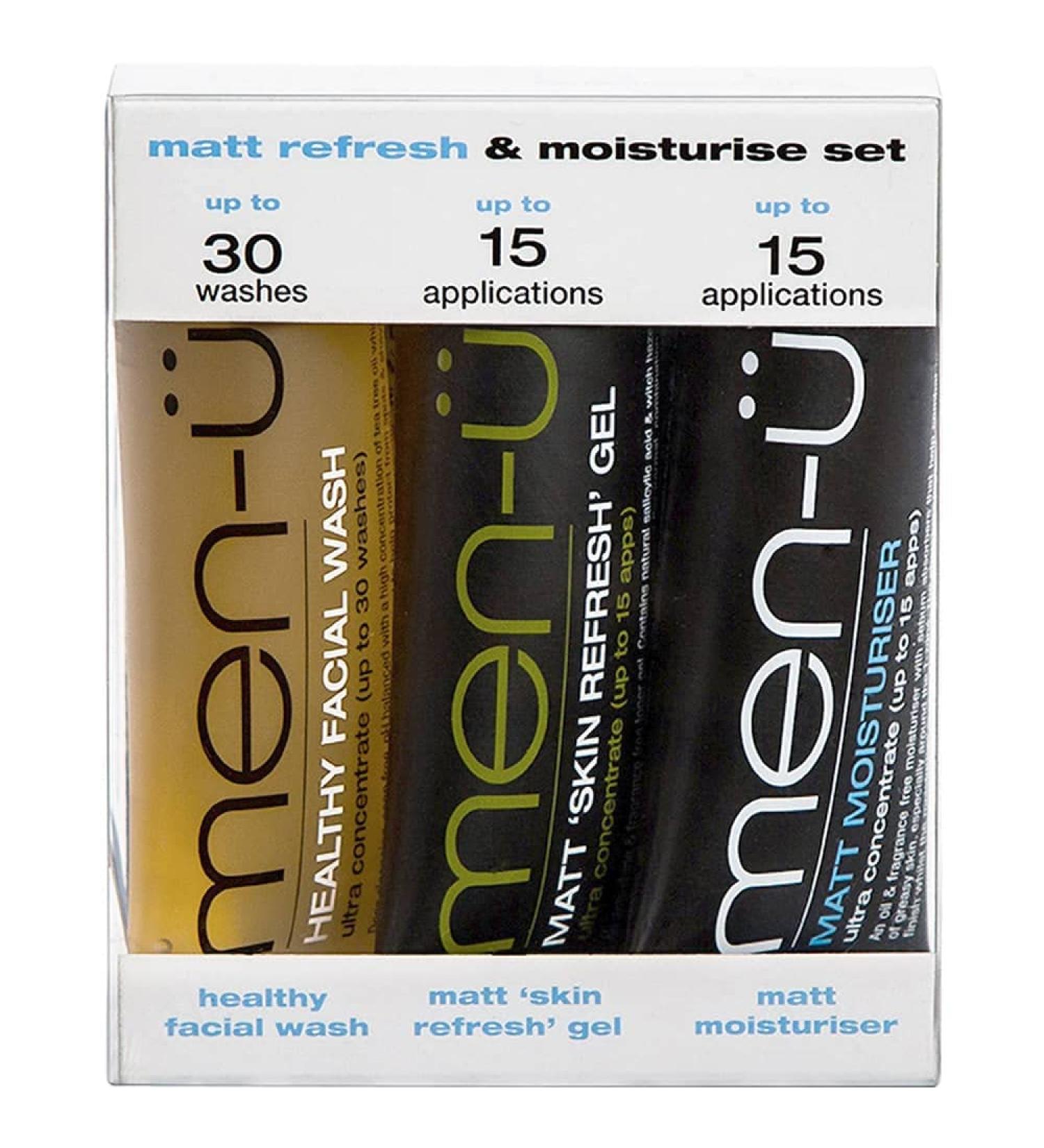 men-u MATT REFRESH & MOISTURISE SET 3x15ml mens skincare mini tubes- Deep Cleanse w/Healthy Facial Wash Tone w/salicylic acid cleanser Matt Skin Refresh Gel & Moisturise w/mens Matt Moisturiser - Buy Online on GoSupps.com