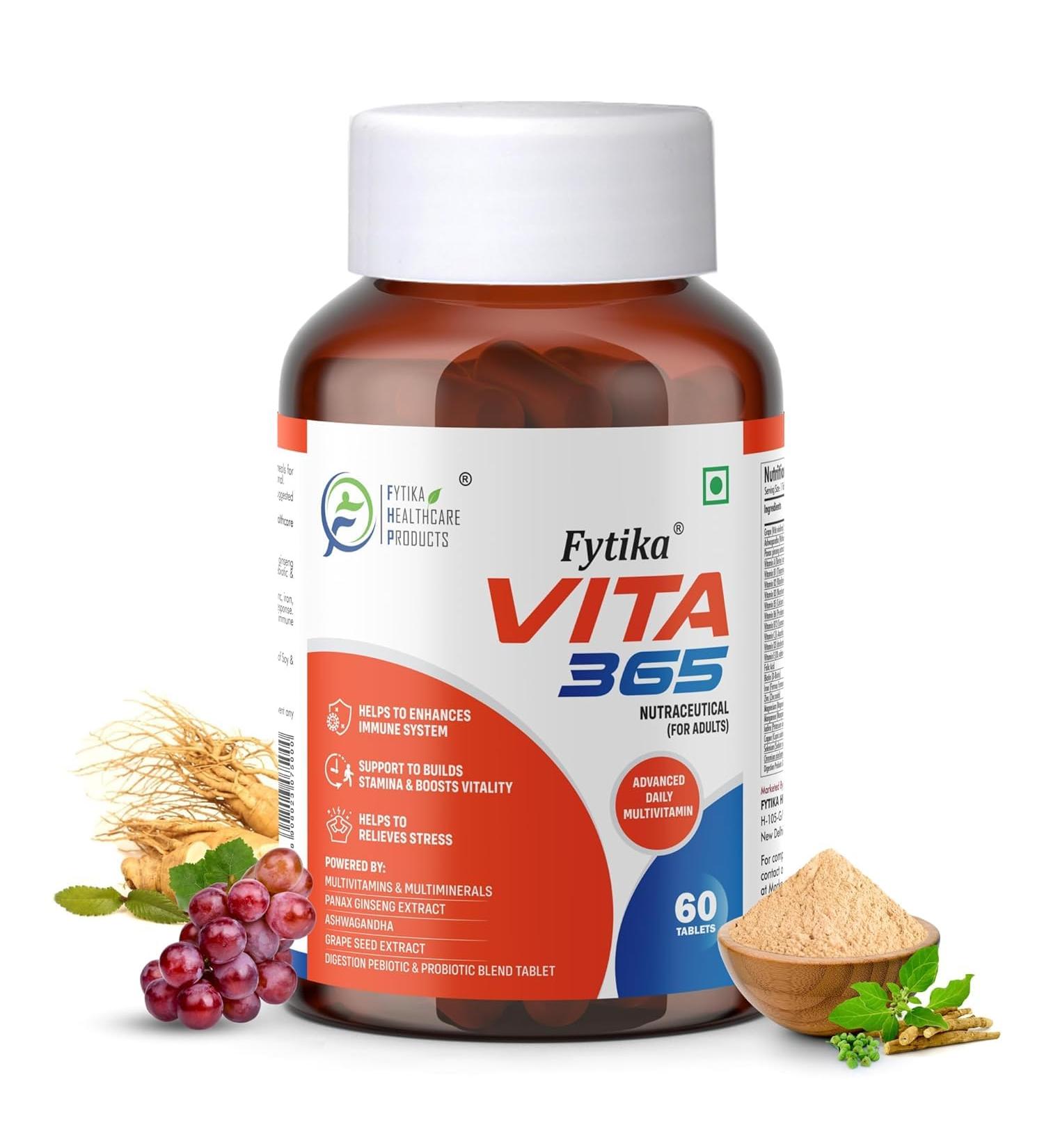 FYYTIIKA HEALTHCARE PRODUCTS Vita 365 Multivitamin With Probiotics Vitamin B12 Zinc Biotin Mineral Ginseng & Ashwagandha Enhances Energy Stamina Immunity Hair and Skin (Pack of 1) Tablet - Buy Online on GoSupps.com