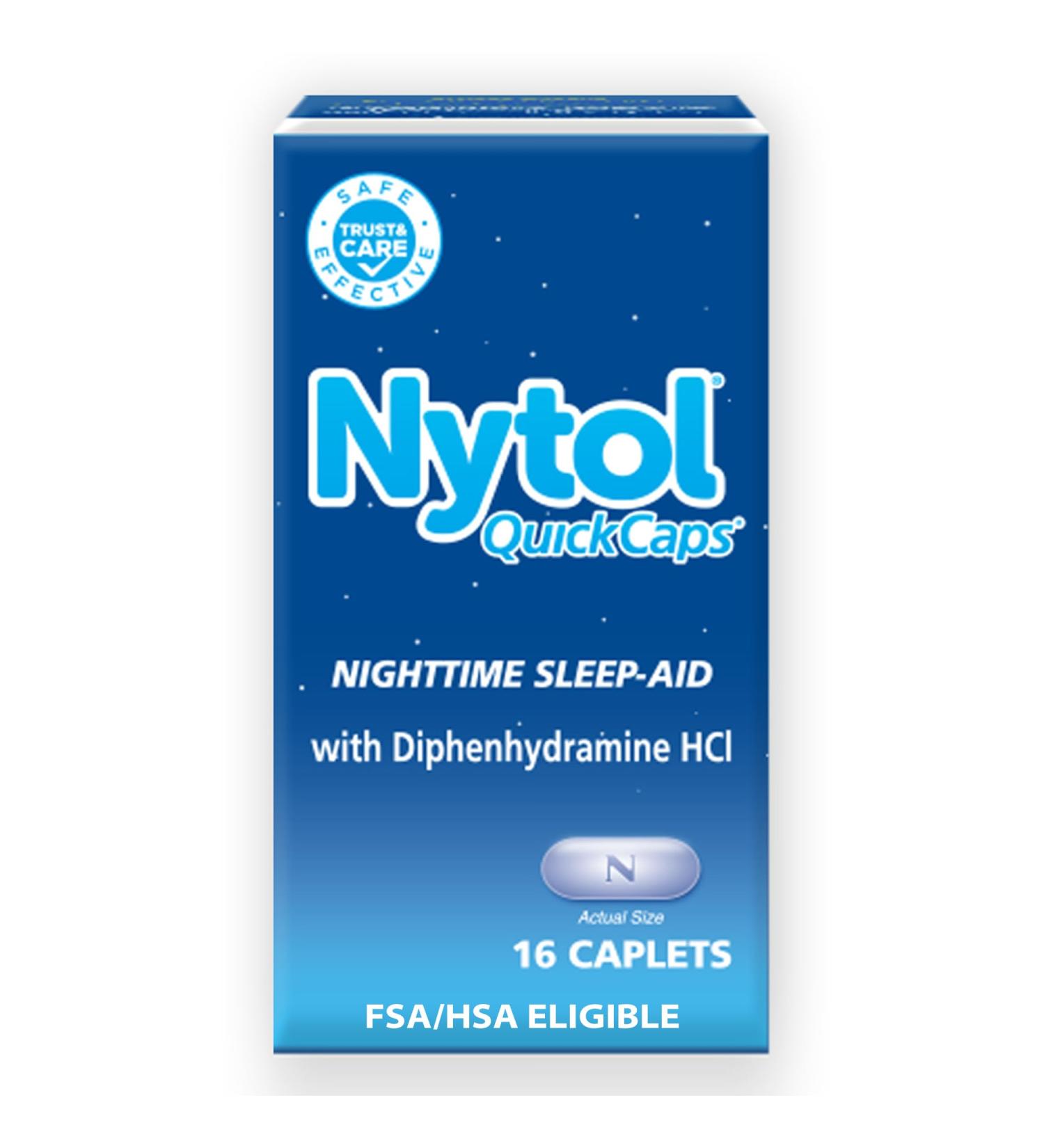 Nytol Quick Caps Nighttime Sleep-Aid with Diphenhydramine HCI Easy-to-Swallow Caplets to Fall Asleep Fast 16 Count 16 Count (Pack of 1) Nytol - Buy Online on GoSupps.com