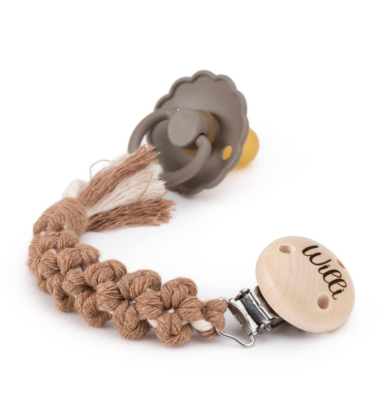 Personalized AngelicArt Macrame Pacifier Chain - Engraved Names for Babies - Flower Designs - Ideal for Boys & Girls (Brown) - Buy Online on GoSupps.com