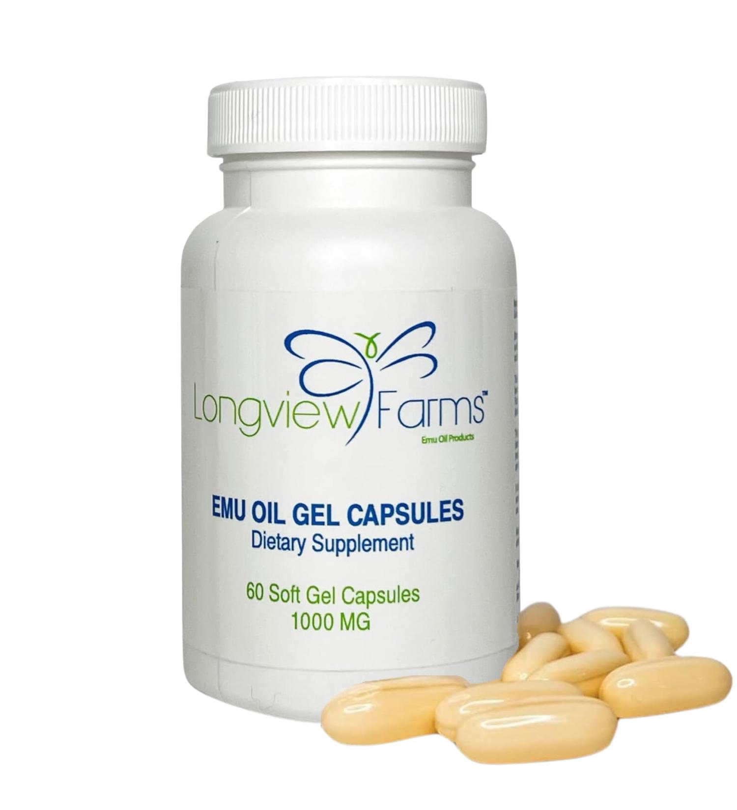 Longview Farms Emu Oil Gel Capsules | 100% Pure Emu Oil for Skin Health Mobility and General Wellness | Natural Omega 3 6 9 and Essential Vitamins | 60 Capsules - Buy Online on GoSupps.com