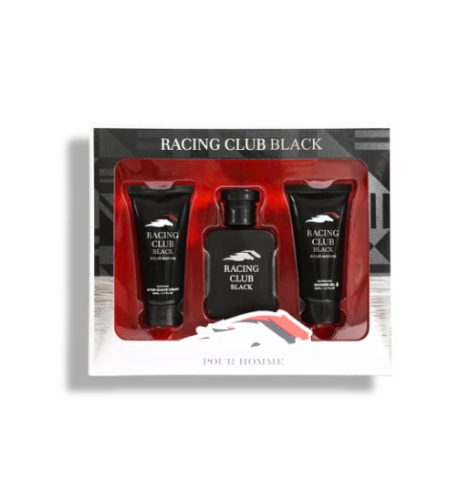 Racing Club Black Pour Homme 3-Piece Set Eau de Toilette Shower Gel After Shave Cream. 5.1 FL. OZ. Woody Aromatic fragrance for men. - Buy Online on GoSupps.com