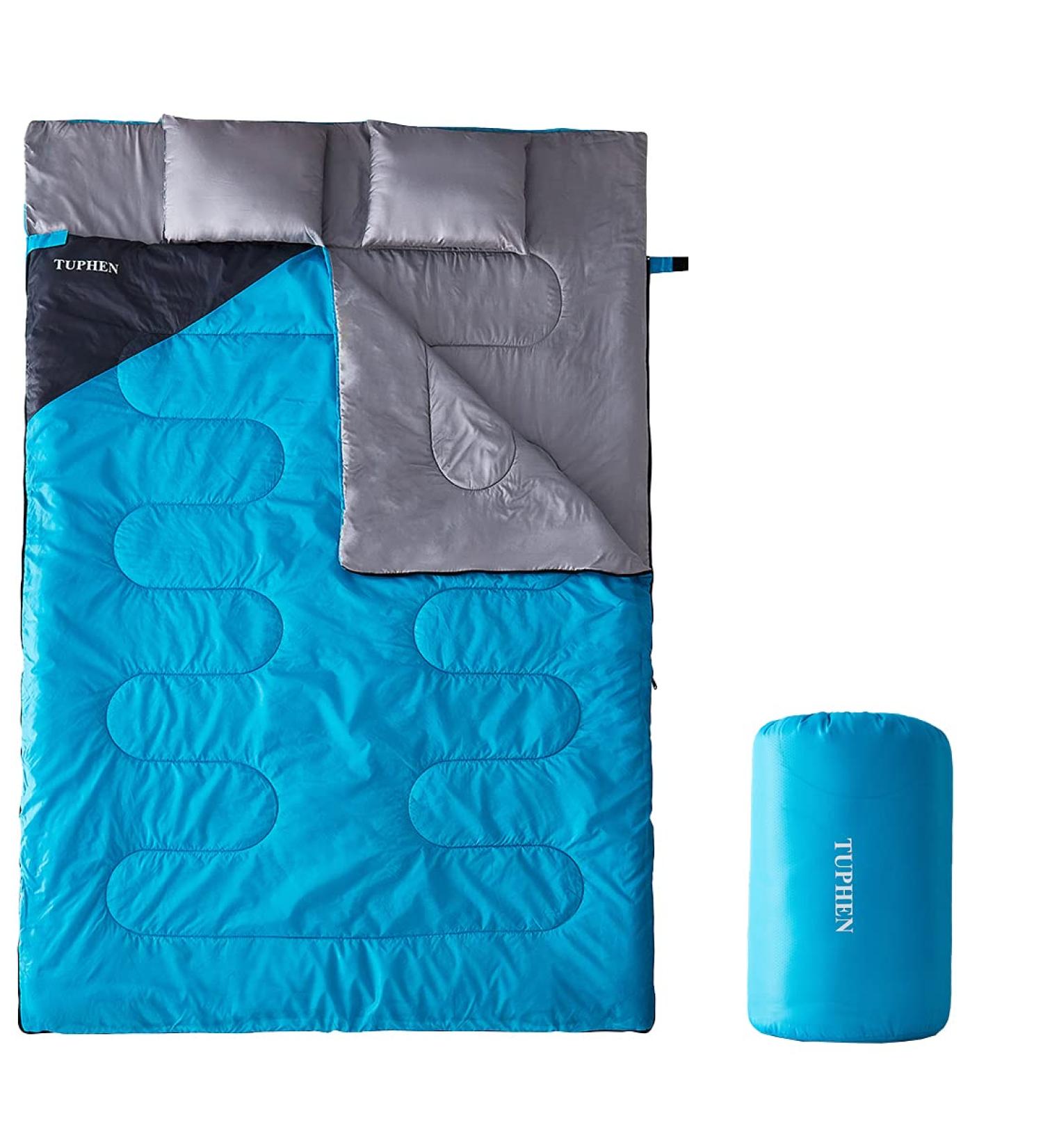 Tuphen Double Sleeping Bag with 2 Pillows - Queen Size XL for 2 People - 3 Season Waterproof Adults Sleeping Bag for Camping, Backpacking, Hiking - Lake Blue Grey - Buy Online on GoSupps.com