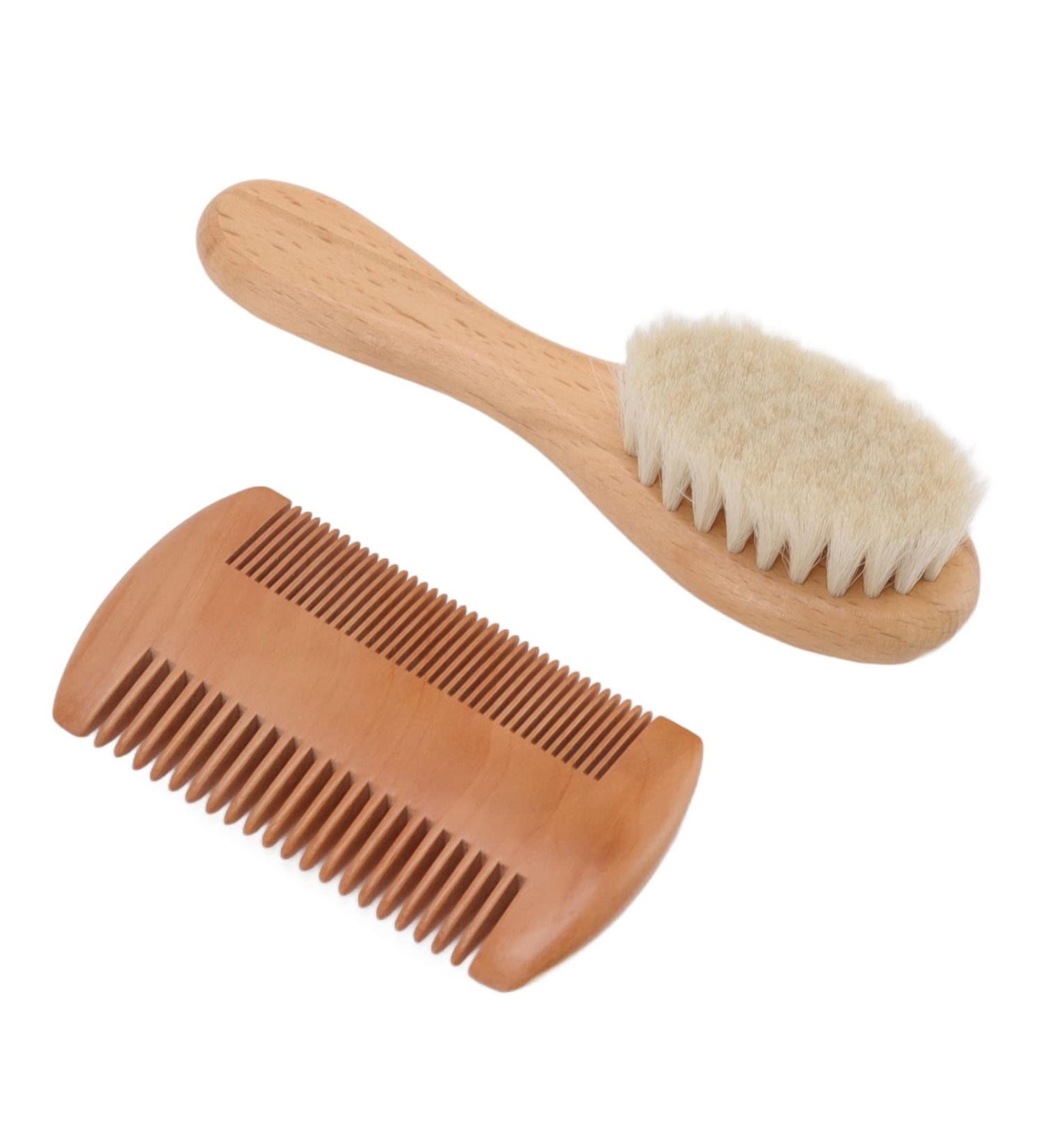 Baby Hairbrush Set - Soft Goat Bristles, Double Sided Comb, Wooden Handle - For Newborns, Infants - Gentle on Scalp, Prevents Lacteal Scab - Buy Online on GoSupps.com