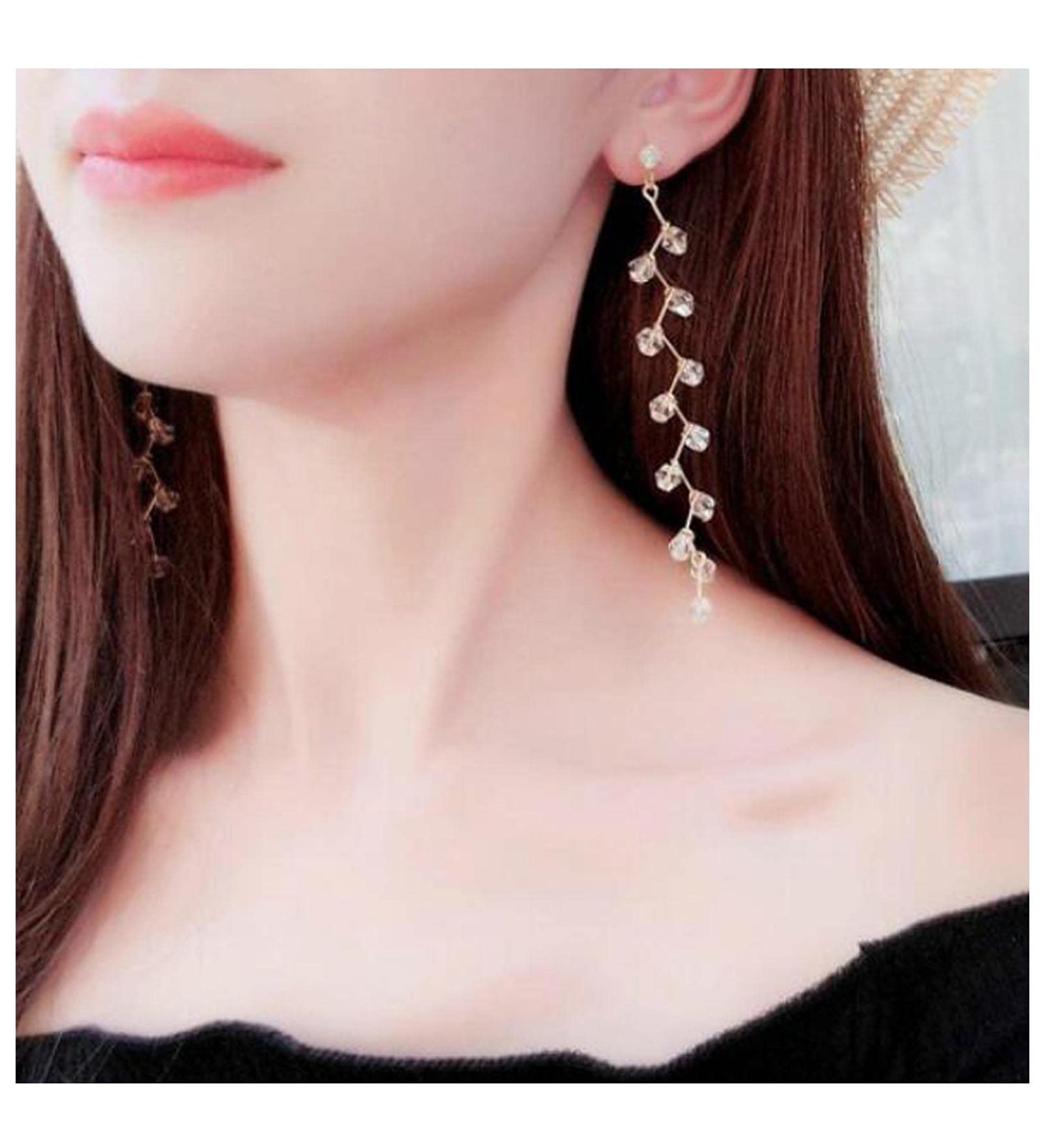 Boho Rhinestone Leaf Earrings | Gold Crystal Drop & Long Chain Tassel Jewelry for Women & Girls - Perfect Gifts - Buy Online on GoSupps.com