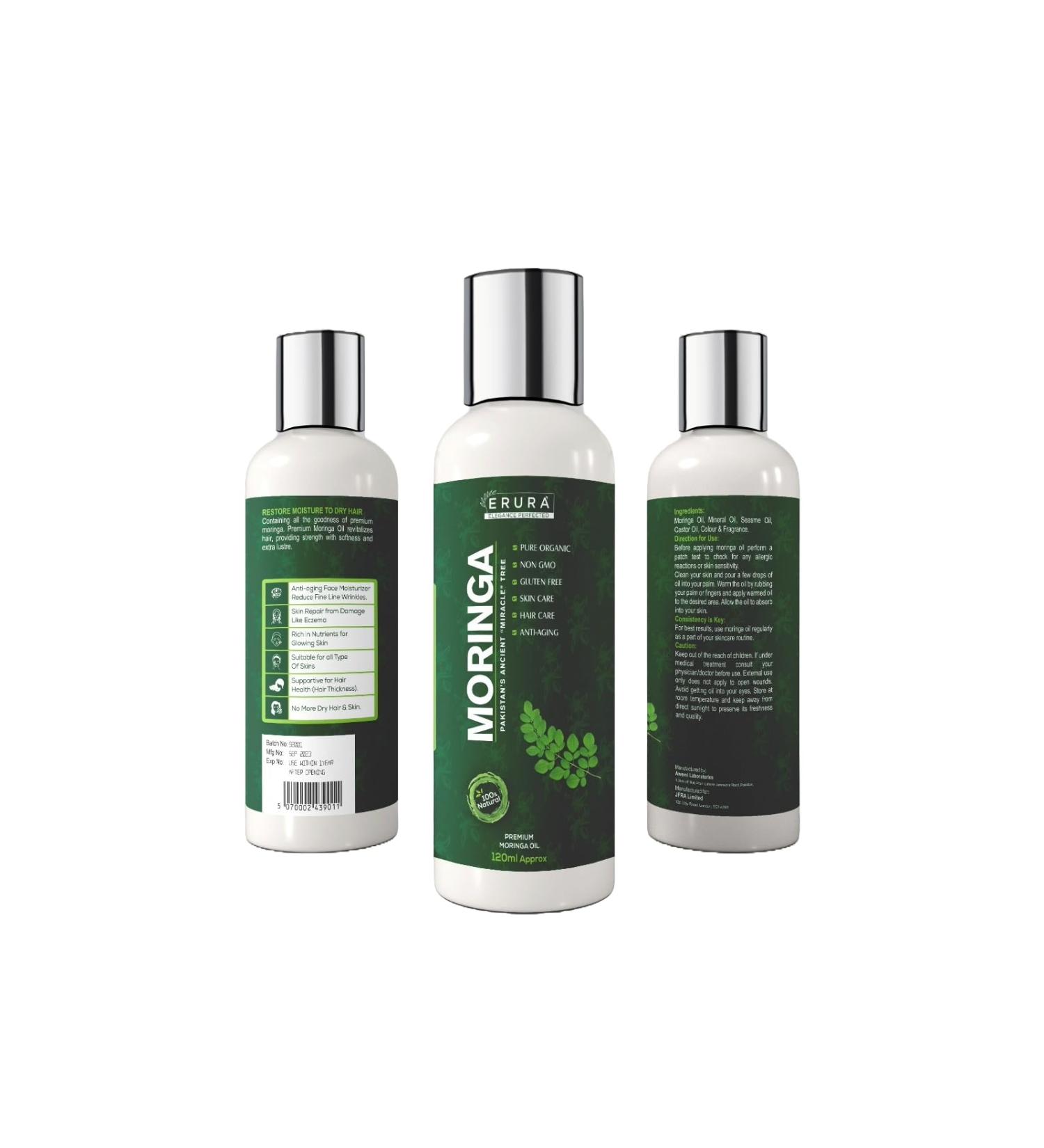ERUR Premium Moringa Seed: Moringa Oil | 120ml | Cold-Pressed Ethical & Vegan | Skin & Hair Nourishment | Natural Moisturiser Antioxidant & Anti-Aging Solution | Suitable For All Skin Types - Buy Online on GoSupps.com