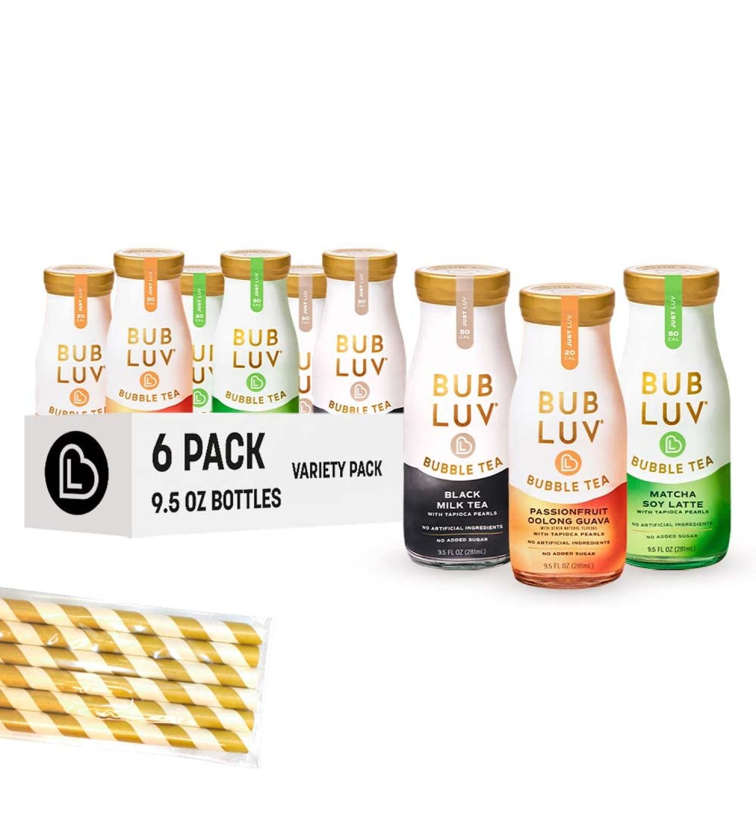 BUBLUV Bubble Tea Variety Pack - Low-Carb Tapioca Jelly Pearls - Low Cal & Low Sugar Drinks - 9.5 fl oz Glass Bottles (Pack of 6) - Buy Online on GoSupps.com