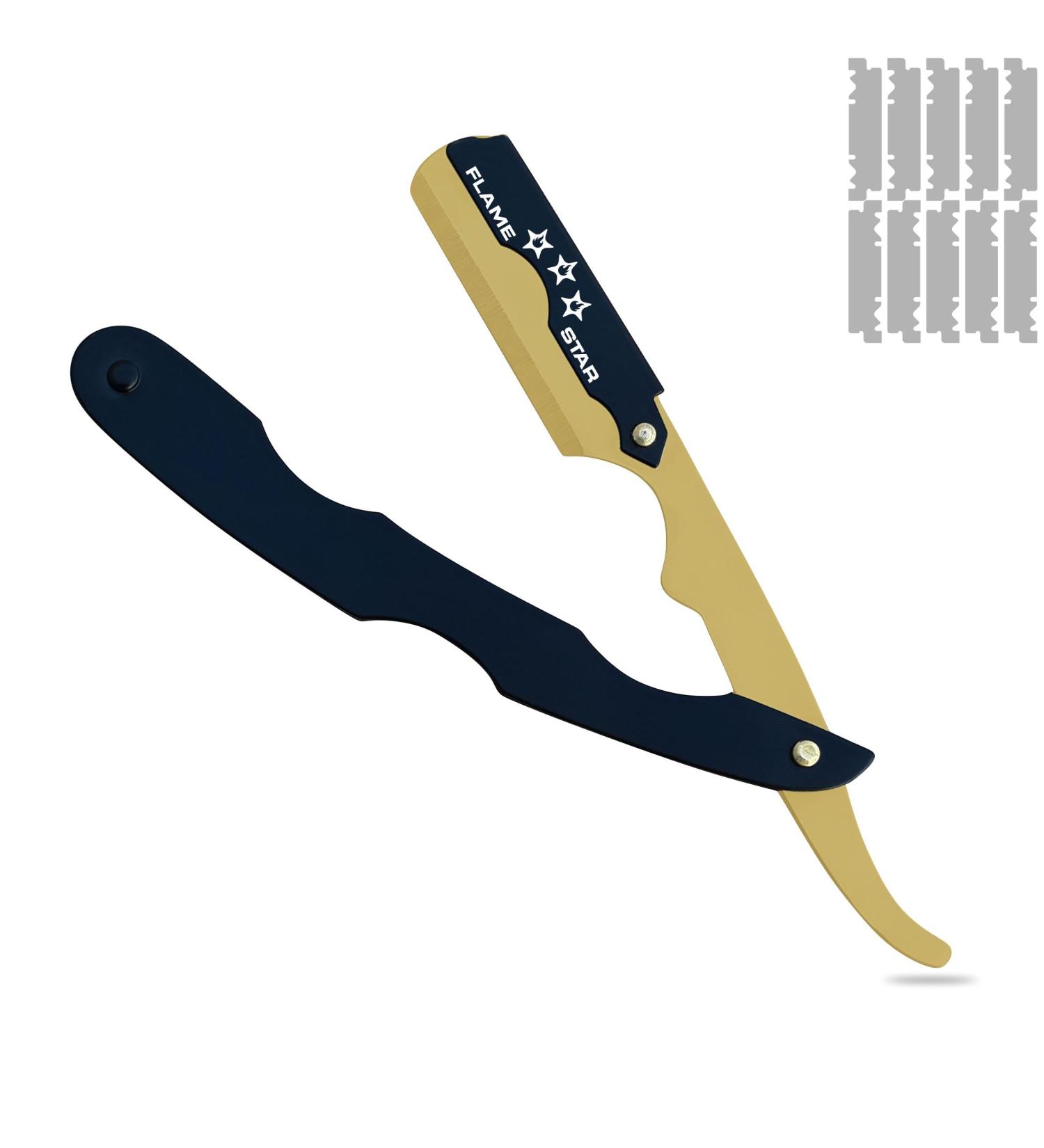 Black and Gold Straight Edge Razor - 100% Stainless Steel Barber Hair Cutting Tool with 10 Blades by FLAME STAR | International Shipping - Buy Online on GoSupps.com