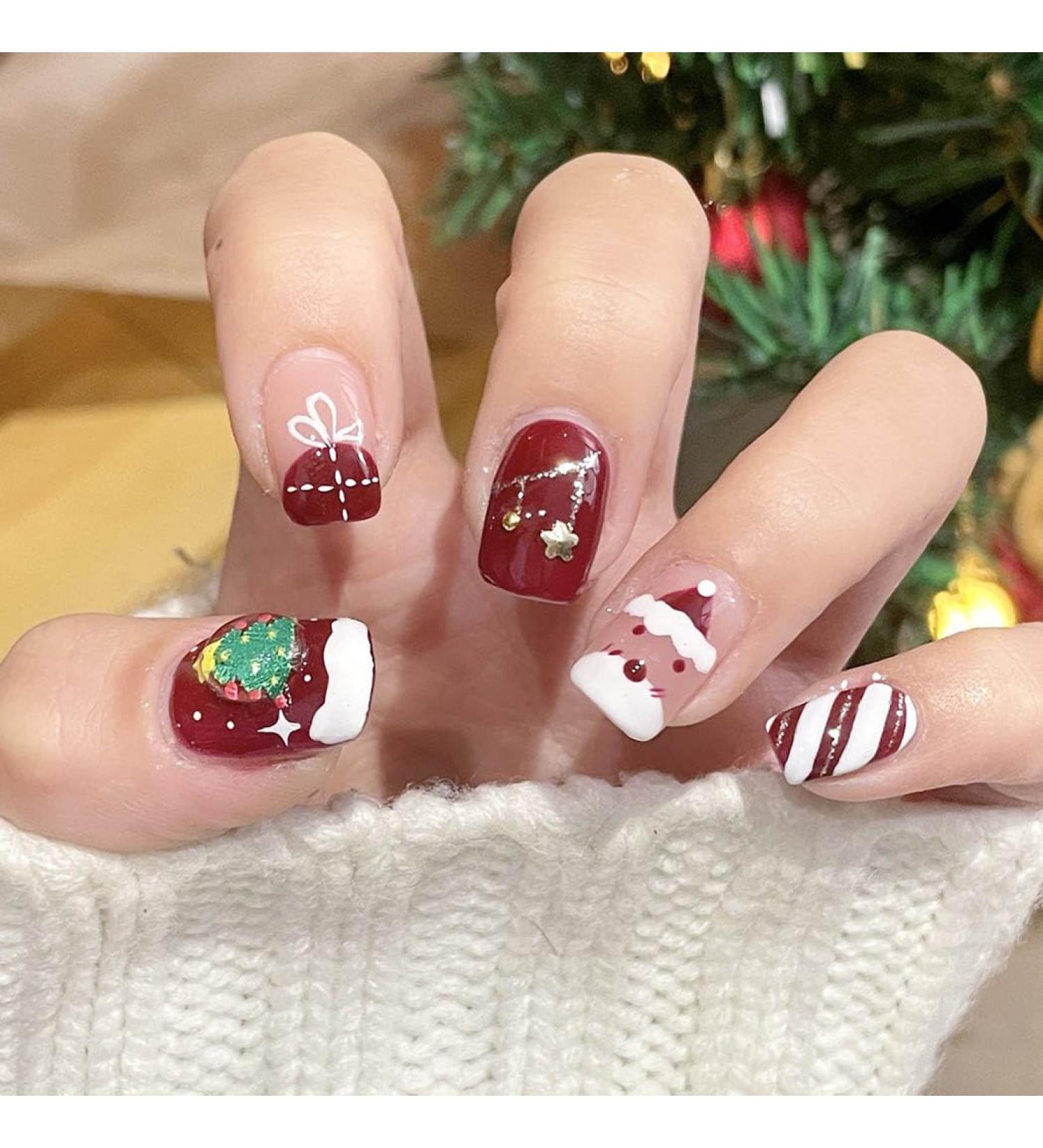 Christmas False Nails Set - Red Nude Snowflakes Xmas Press On Nails for Women (24pcs) - Buy Online on GoSupps.com