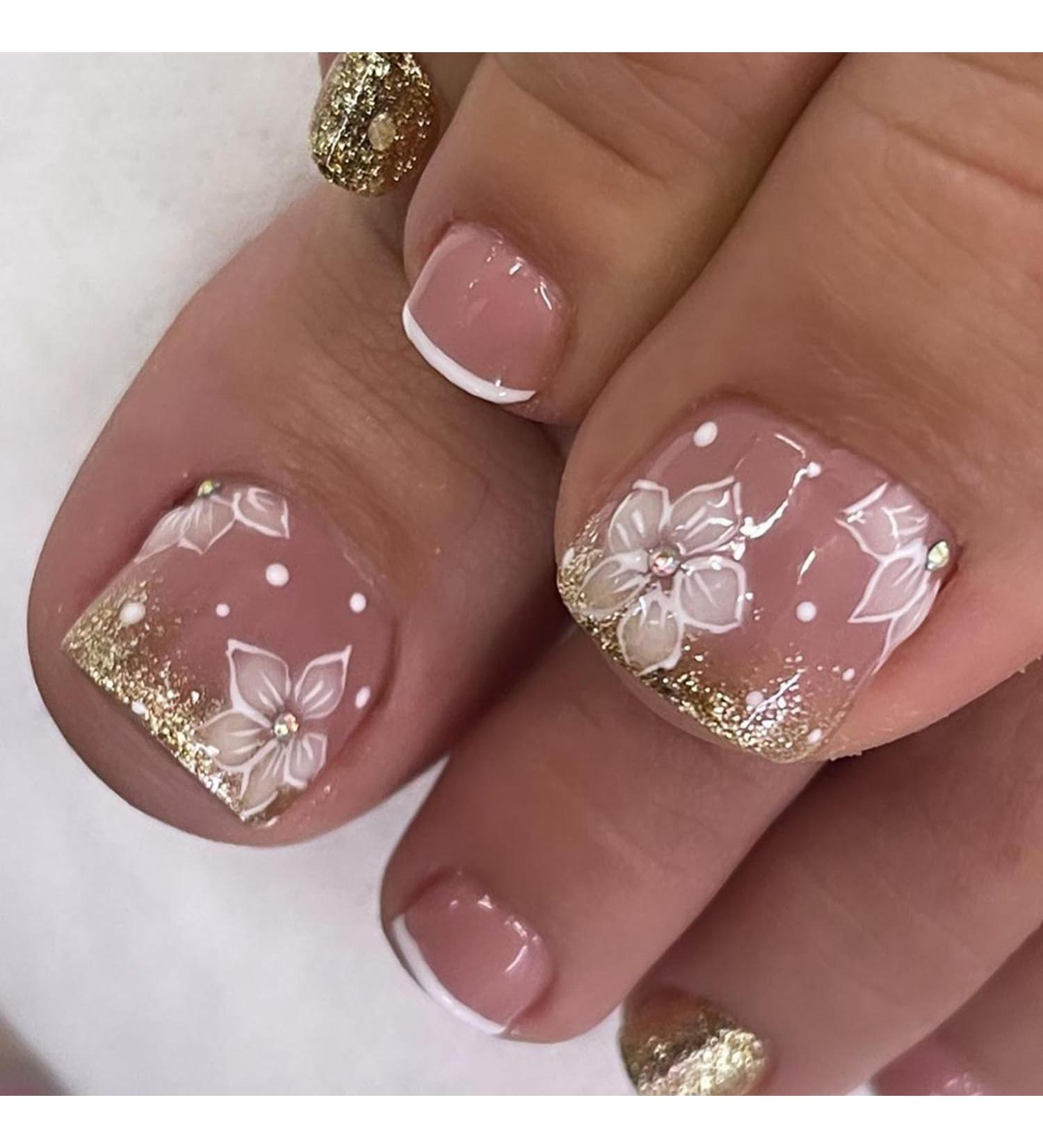 24Pcs Square Press-On Toenails - Short Fake Pink & White French Tip with Floral Rhinestones & Gold Glitter - Acrylic Toe nails for Women & Girls - Buy Online on GoSupps.com
